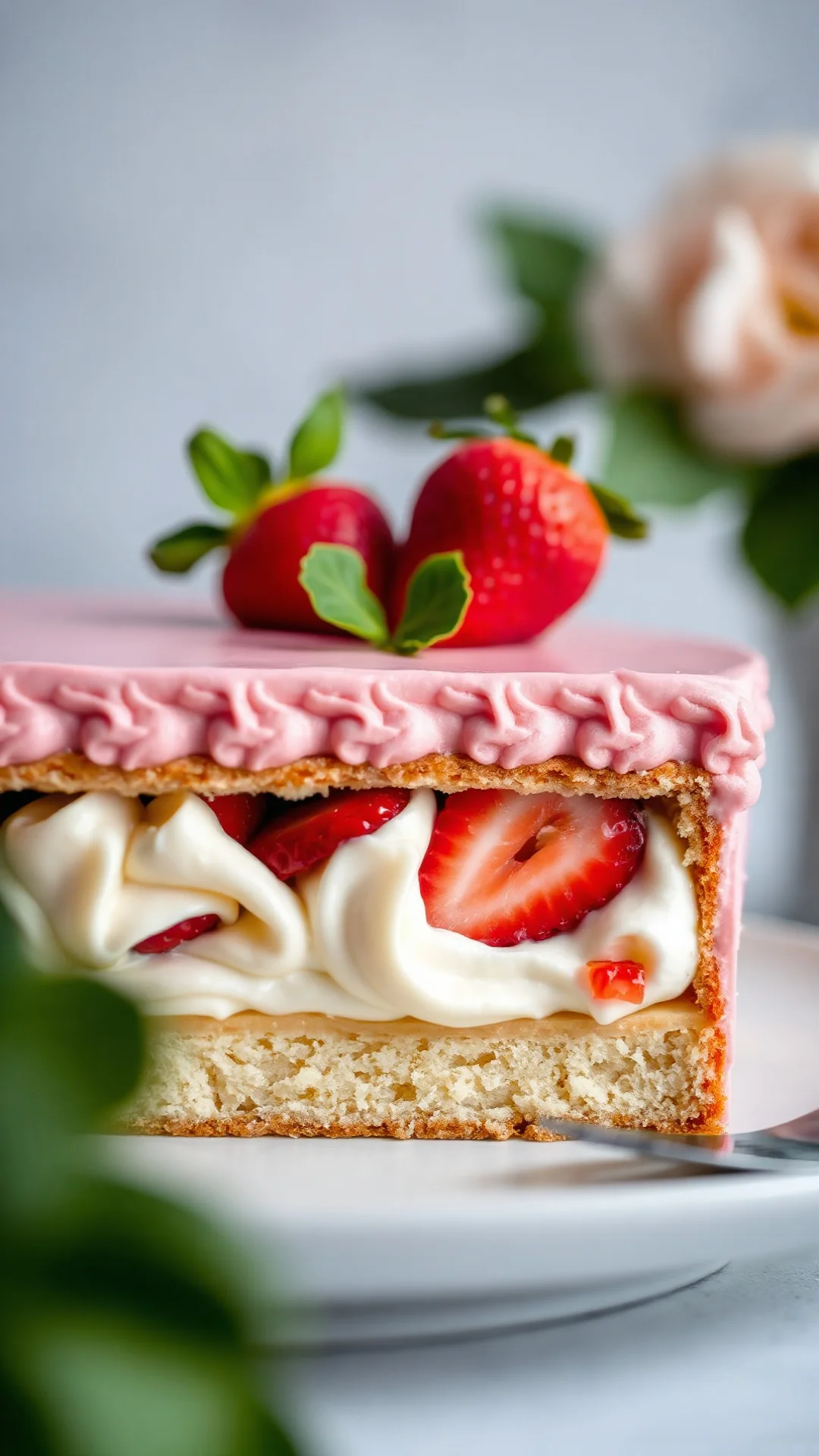 Close-up detailed shot of Fraisier cake layers, creamy filling, fresh strawberries, pink fondant coating, macro food photogra