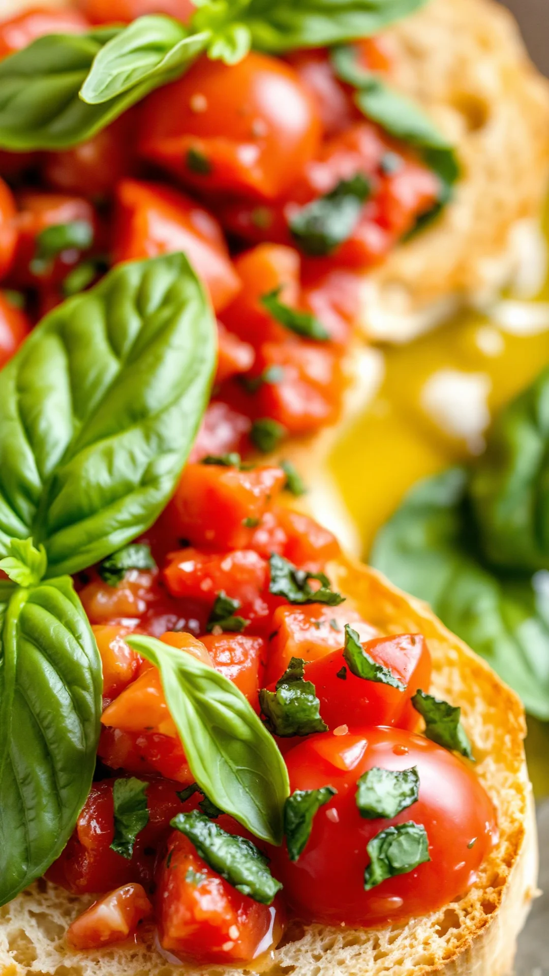 Close-up detailed shot of tomato basil mixture on crispy grilled bread, fresh basil leaves, olive oil drizzle, vibrant red to