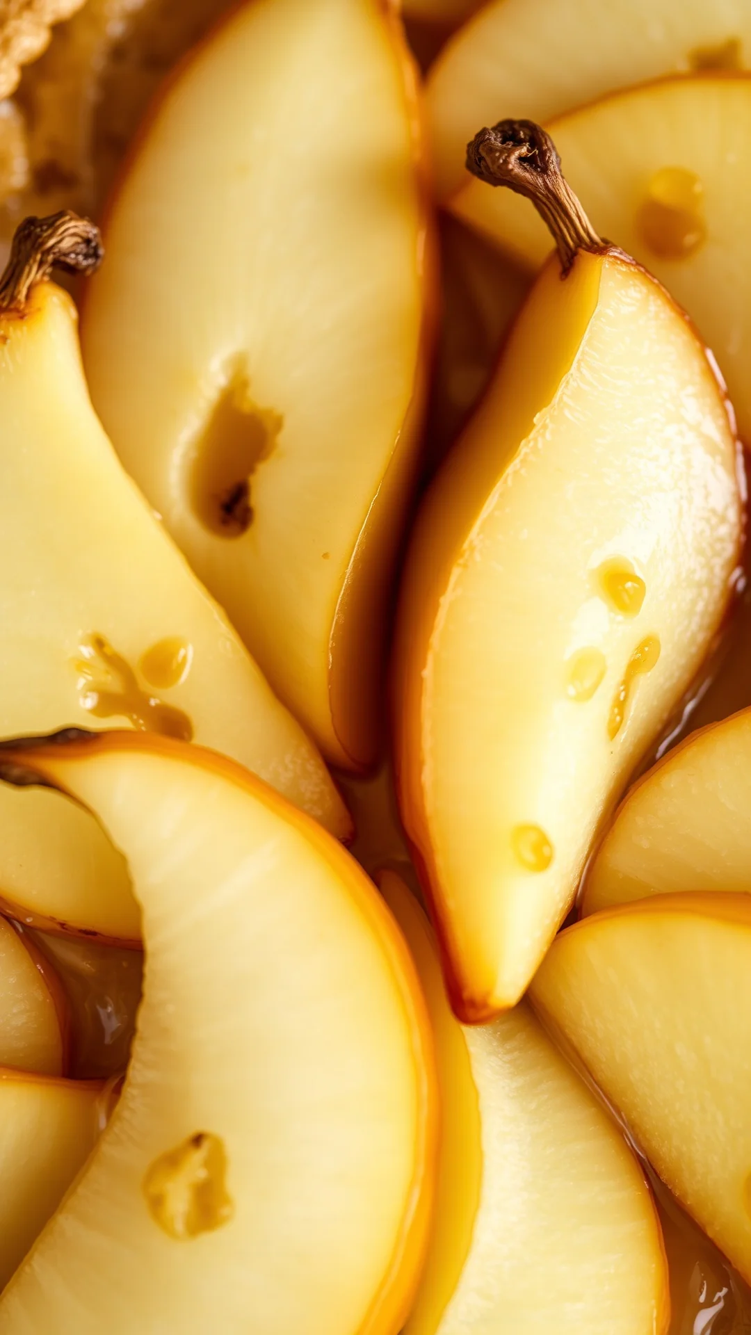 Close-up detailed view fresh sliced pears arranged on golden tart pastry, juicy texture, delicate arrangement, warm natural l