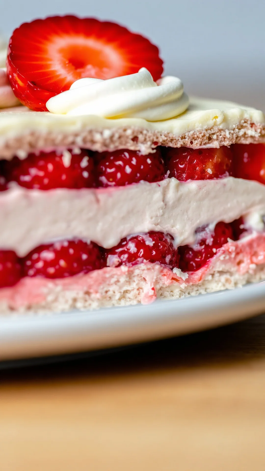 Close-up detailed view of fraisier slice showing layers, fresh red strawberries, creamy vanilla mousse, light almond sponge,