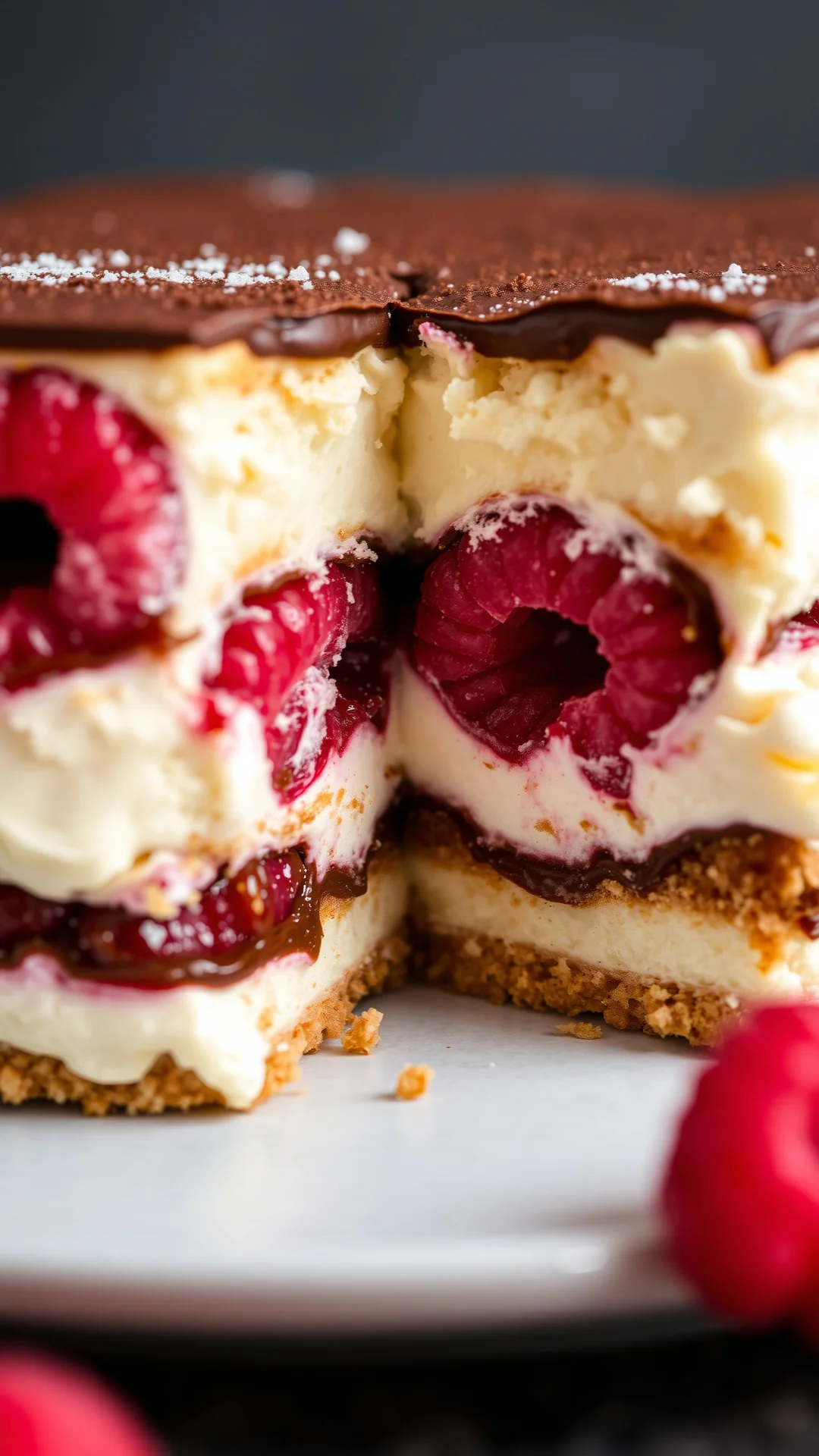 Close-up detailed view of tiramisu raspberry dessert cross-section showing creamy mascarpone layers, coffee-soaked biscuits,
