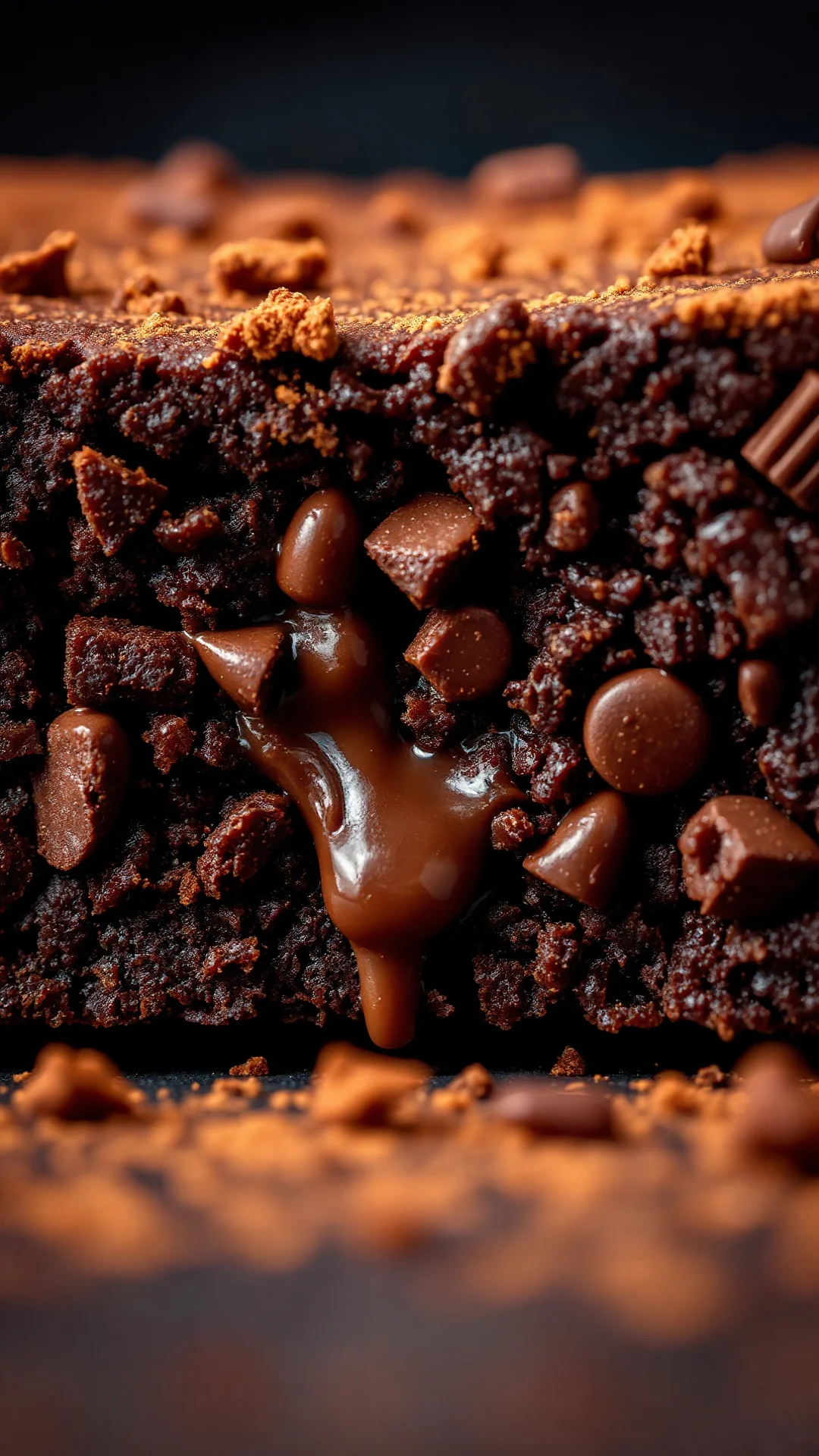 Close-up extreme macro of freshly baked fudgy brownie square, rich chocolate texture, melting center, cocoa powder sprinkle,