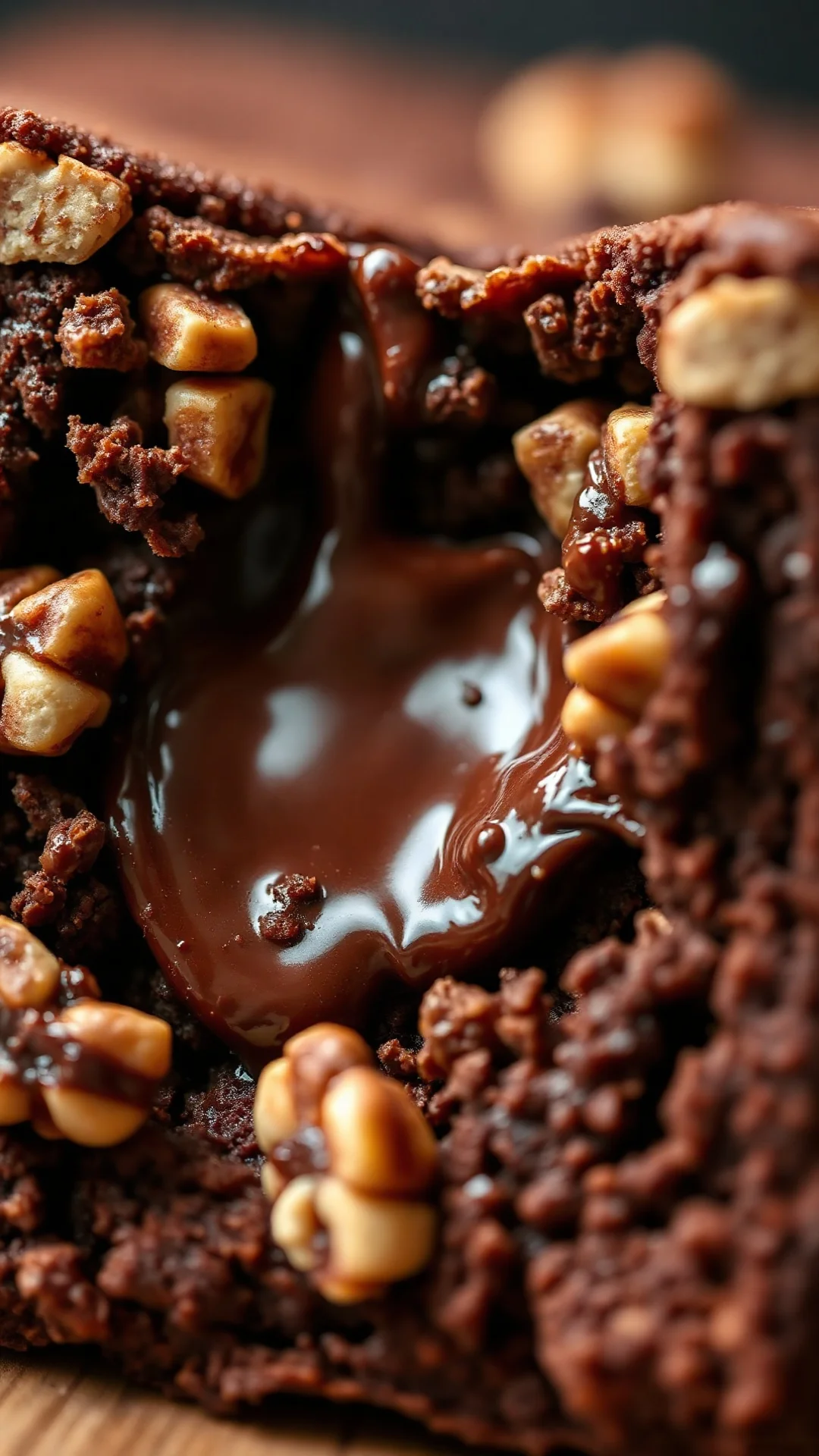 Close-up extreme macro of fudgy brownie cross-section with melting chocolate center and walnut pieces, rich dark chocolate te
