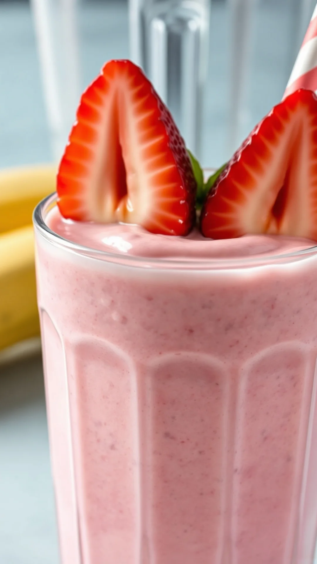 Close-up extreme macro shot of creamy pink smoothie texture with fresh strawberry slice and banana, blender in background, pr
