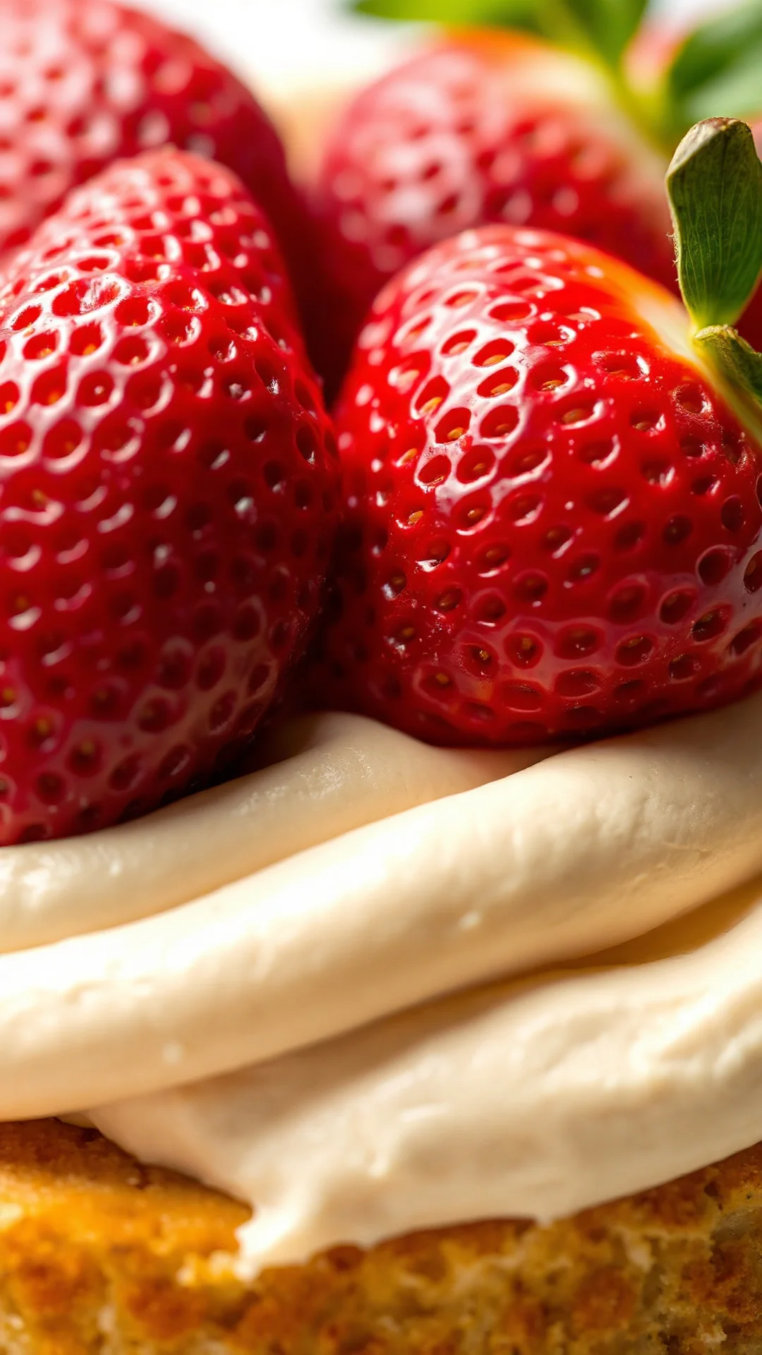 Close-up fresh red strawberries on creamy mousse layer, golden sponge cake, detailed macro photography, dessert texture, Fren