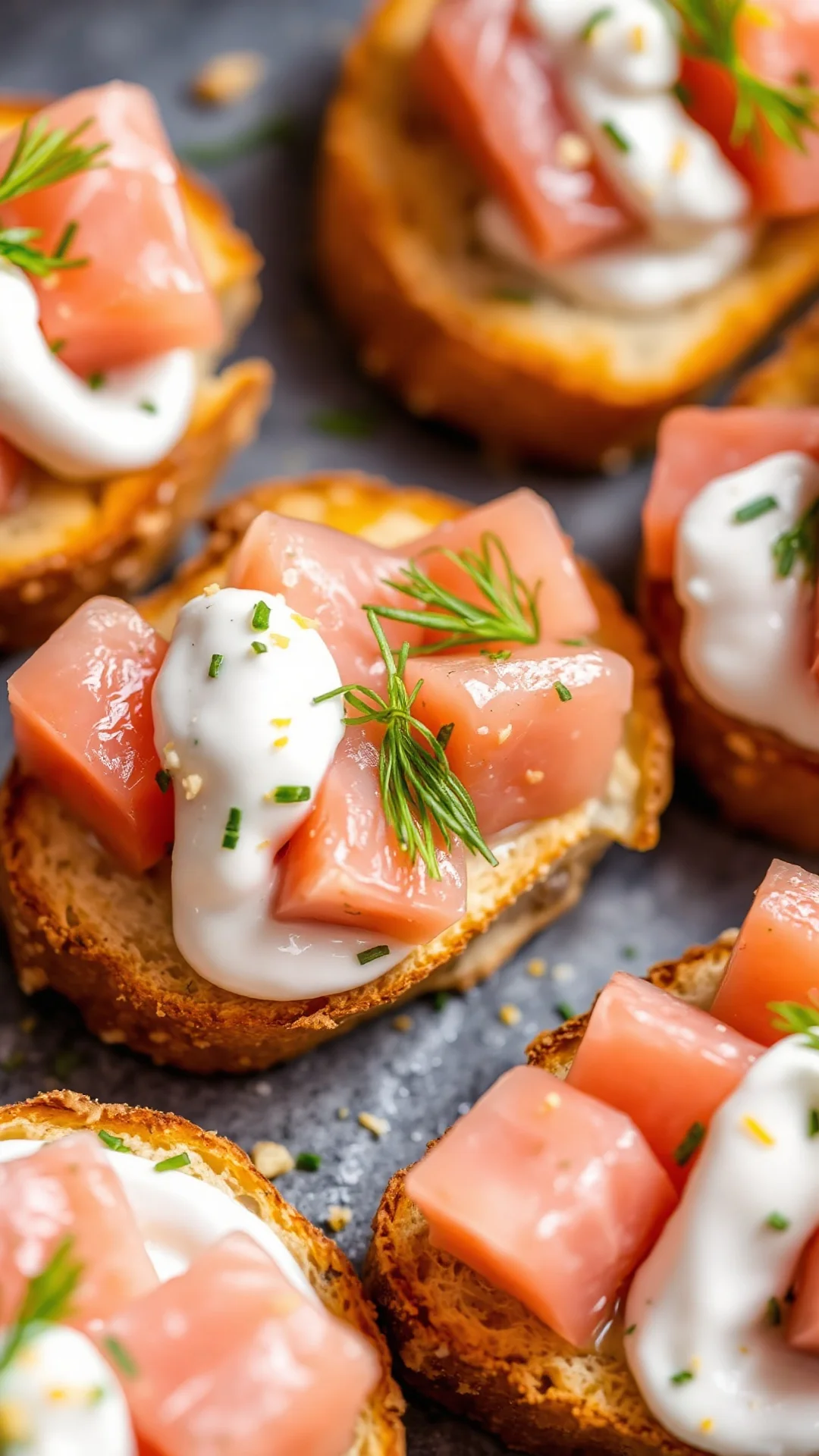 Close-up fresh salmon bruschetta, crispy golden toast, pink salmon cubes, white cream, green dill garnish, lemon zest, gourme