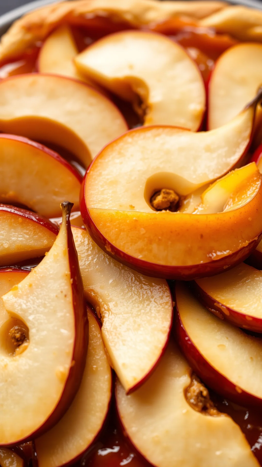 Close-up fresh sliced apples pears arranged on tart, caramelized fruit layers golden pastry, detailed food macro photography