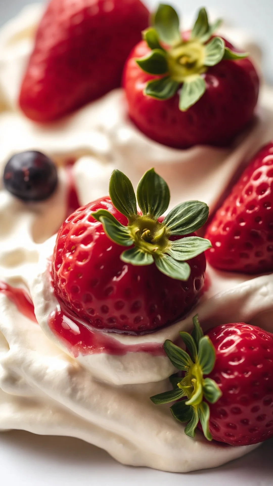 Close-up fresh strawberries red fruit layered cream dessert elegant presentation summer treat vibrant colors