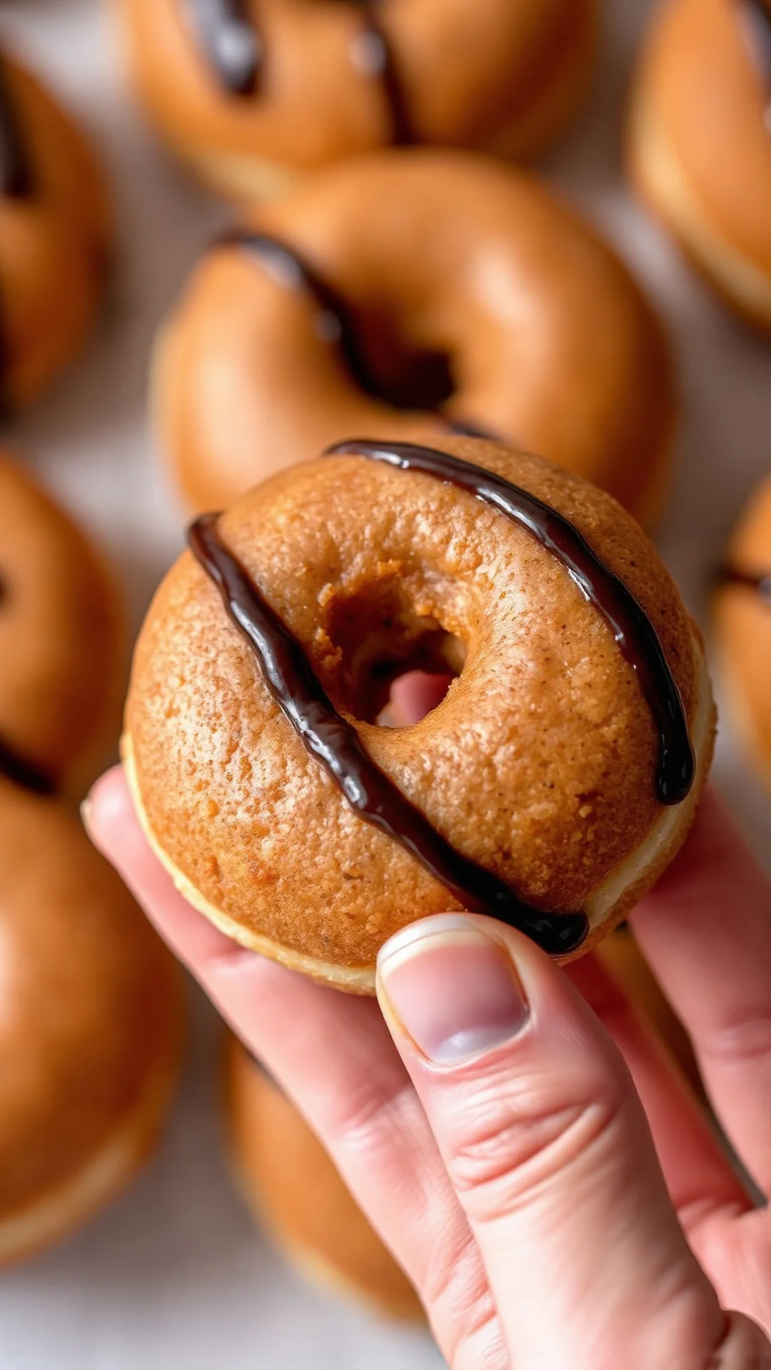 Close-up macro of freshly baked healthy donut with chocolate glaze, golden brown texture, hands holding donut, delicious food