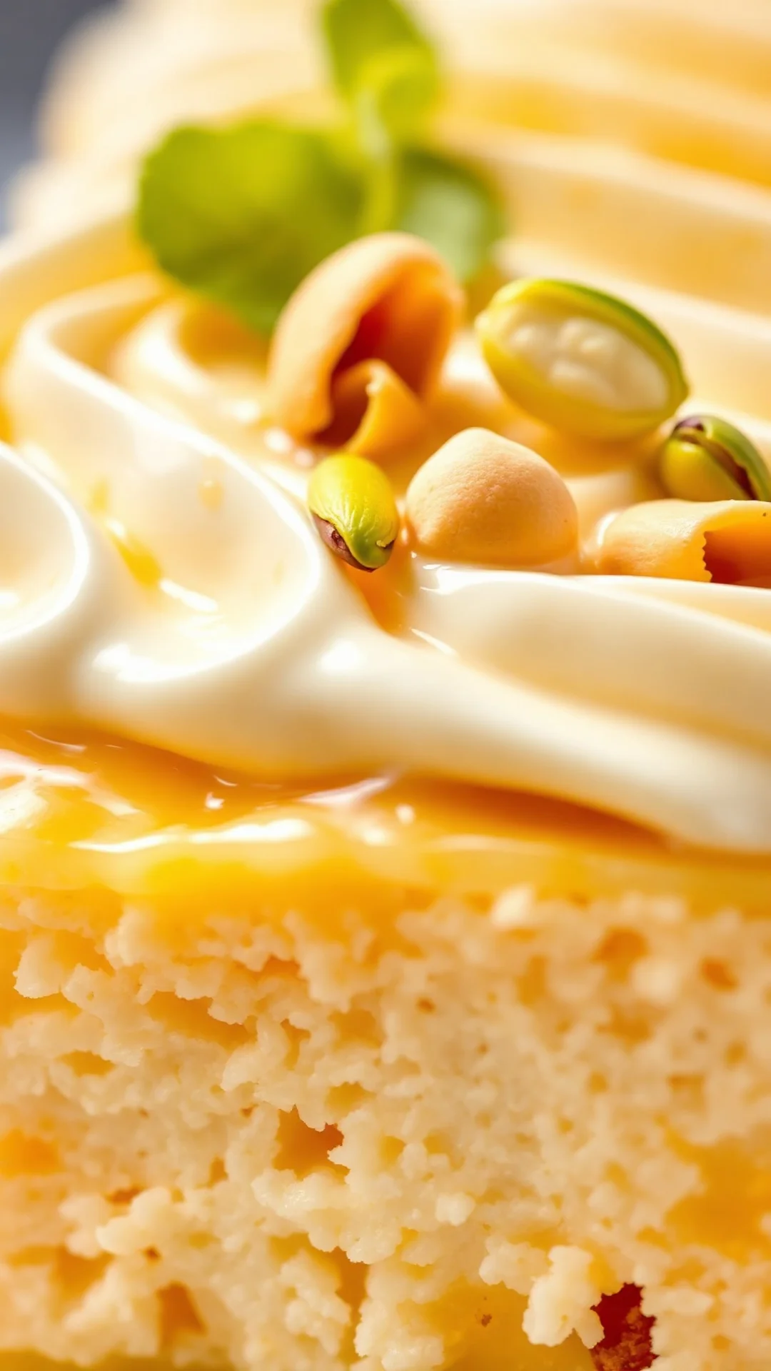 Close-up macro photography creamy lemon tiramisu texture, ladyfinger biscuits soaked, green pistachio garnish, vibrant fresh