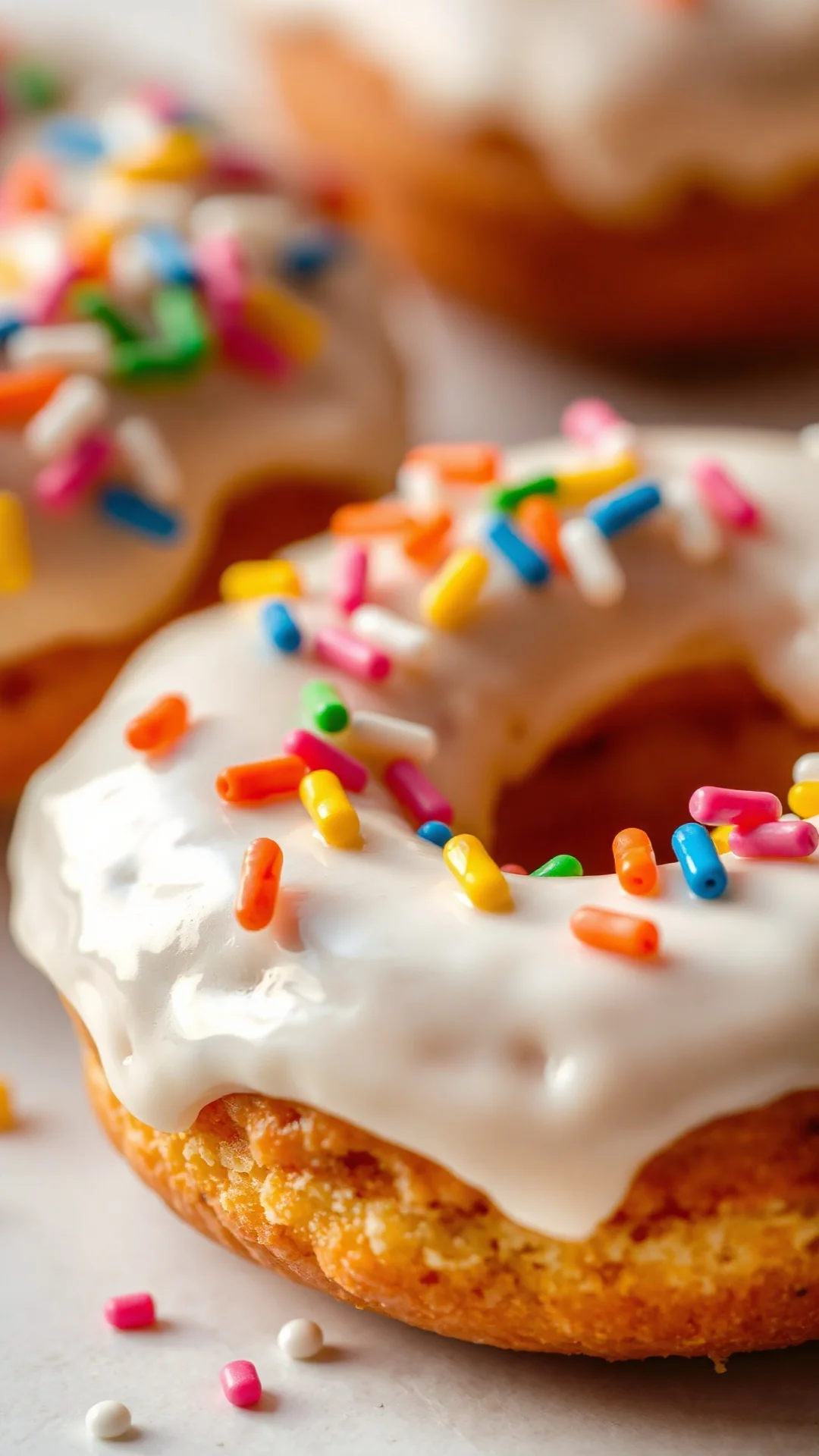 Close-up macro photography of a single egg-free donut, perfectly glazed with white icing, topped with colorful sprinkles and