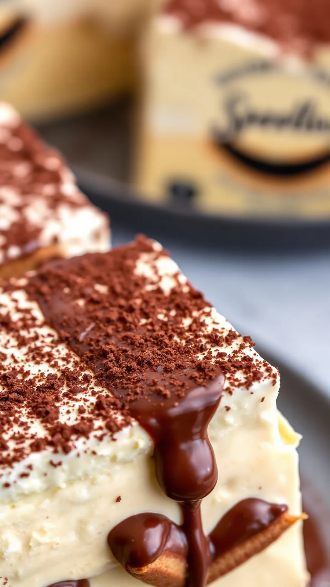 Close-up macro photography of creamy Speculoos Tiramisu layer with mascarpone cream, dipped cookies and chocolate powder, lux