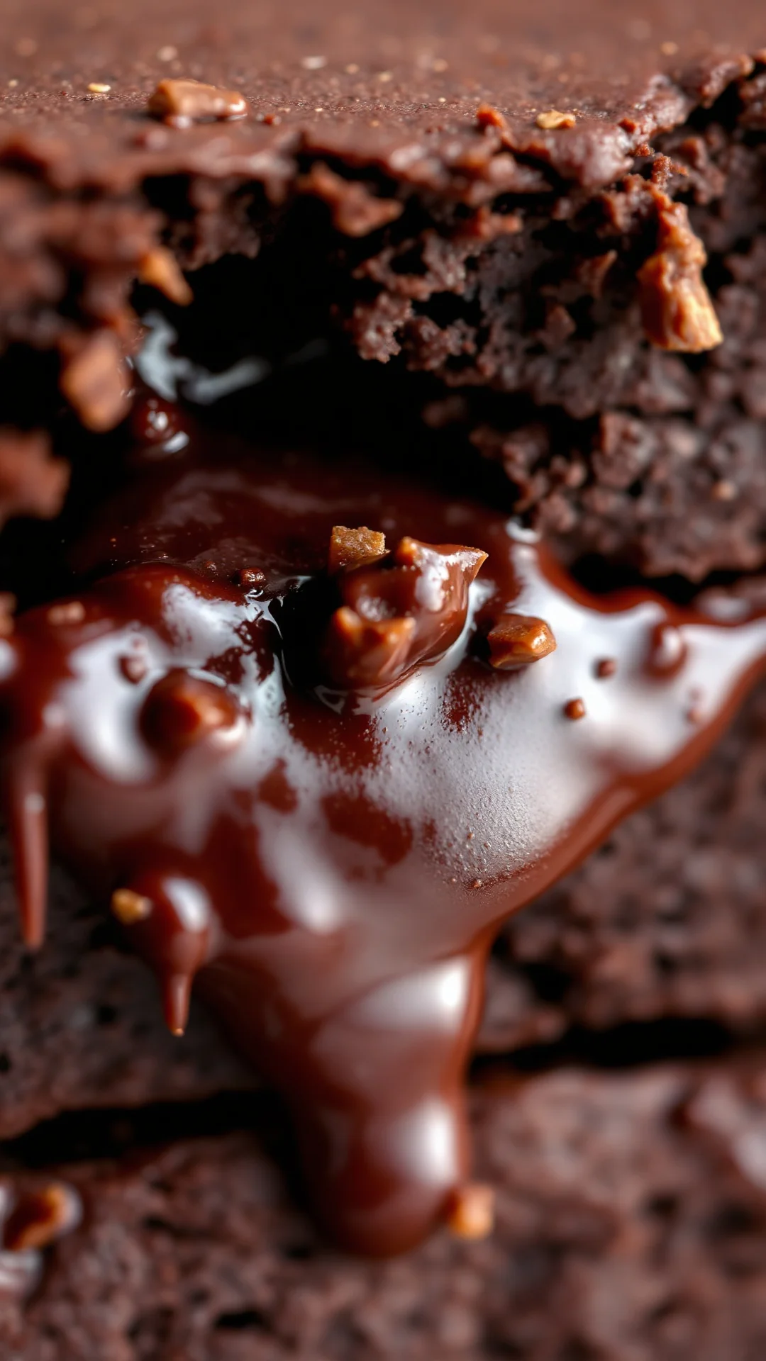 Close-up macro photography of freshly baked warm brownie, melted chocolate interior, glossy fudgy surface, chocolate dripping