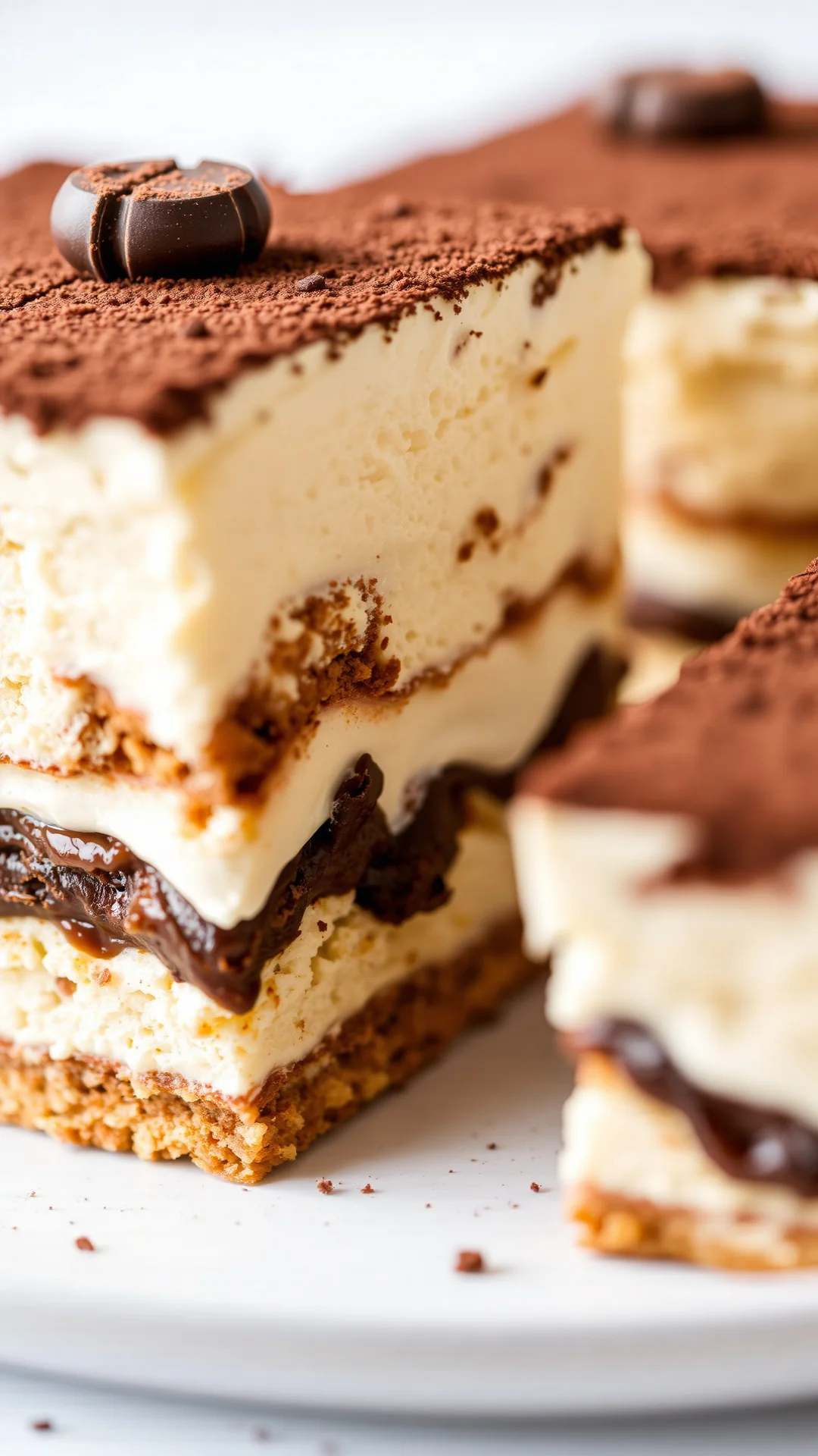Close-up macro photography of layered tiramisu, creamy mascarpone texture, cocoa powder topping, coffee-soaked biscuits, rich