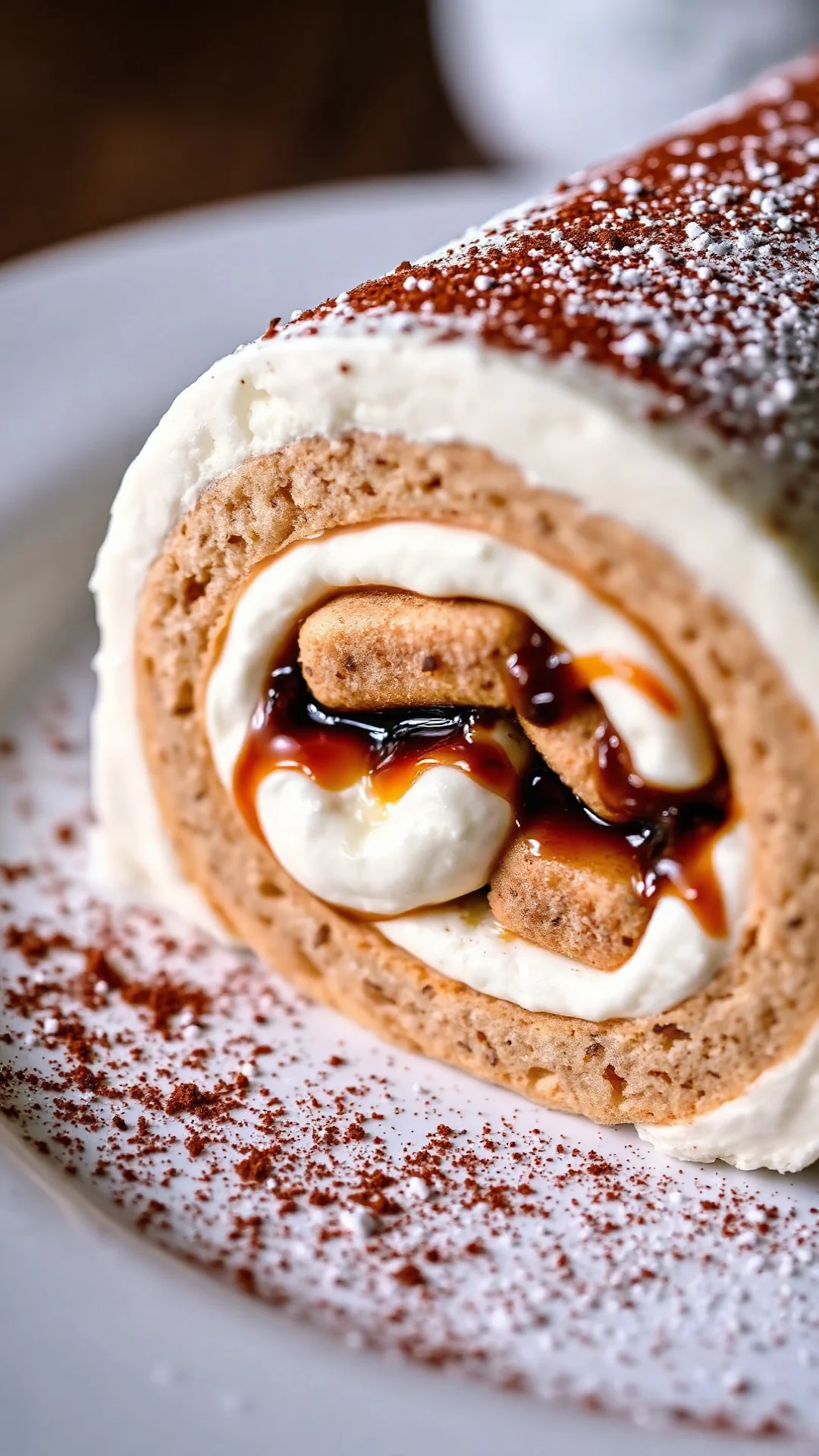 Close-up macro photography of tiramisu log slice showing layers of mascarpone cream and coffee-soaked ladyfingers, dusted wit