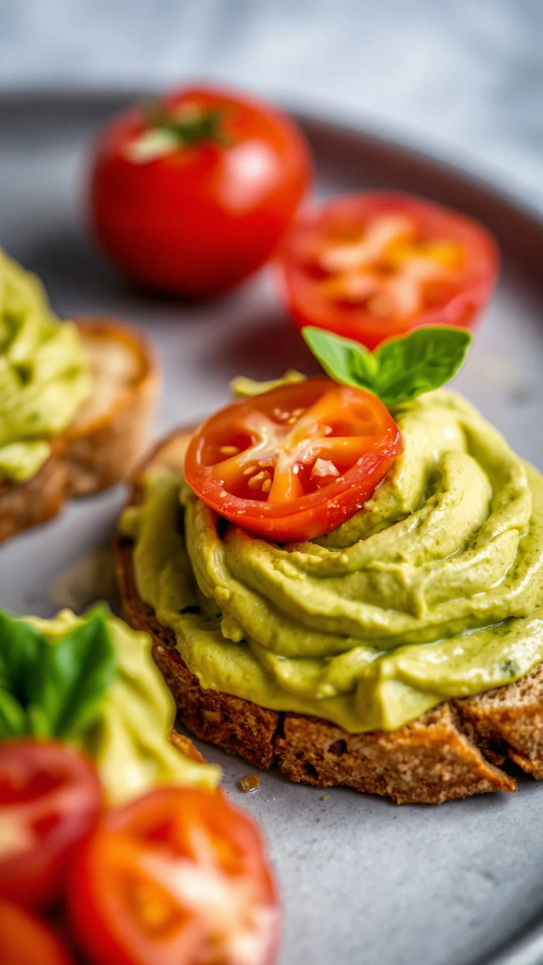 Close-up macro shot creamy avocado spread on crispy toast with fresh tomato and basil garnish, gourmet food styling, vibrant