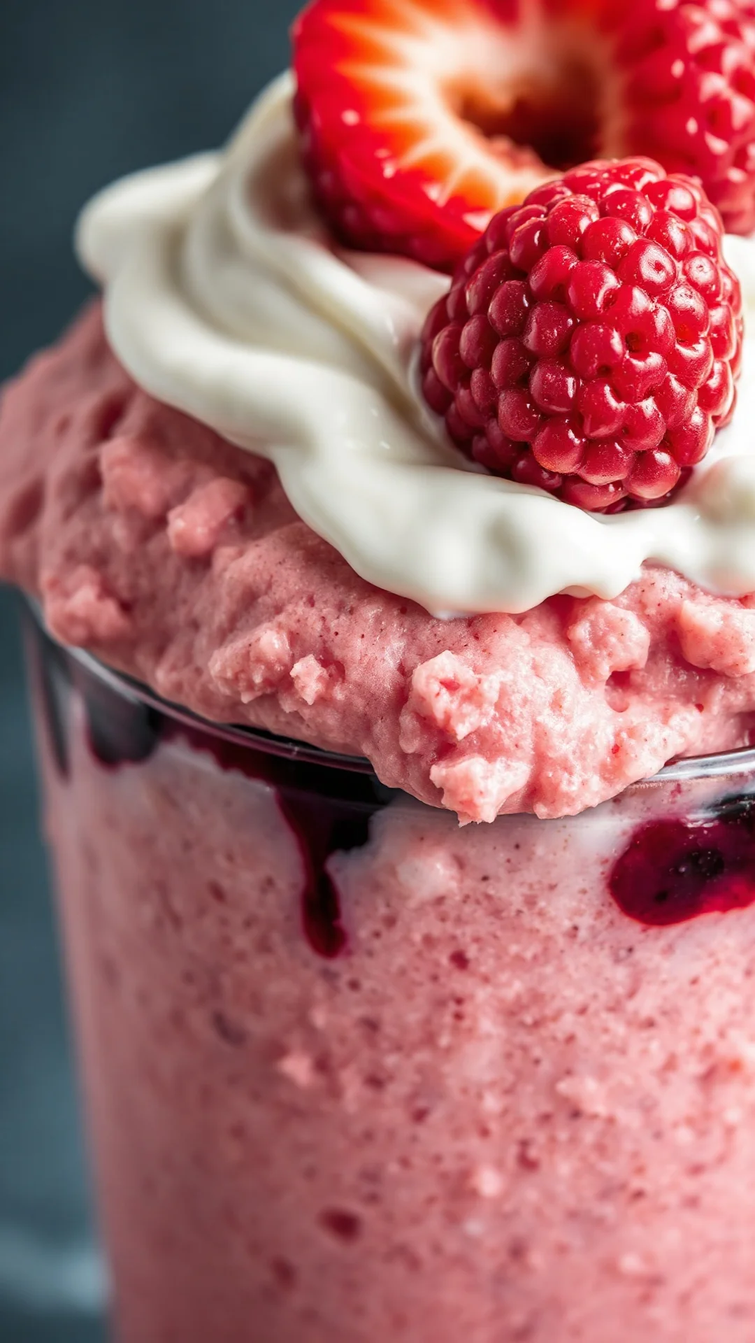 Close-up macro shot of a creamy frozen fruit smoothie with layers of pink berry puree, white yogurt cream, and vibrant fresh