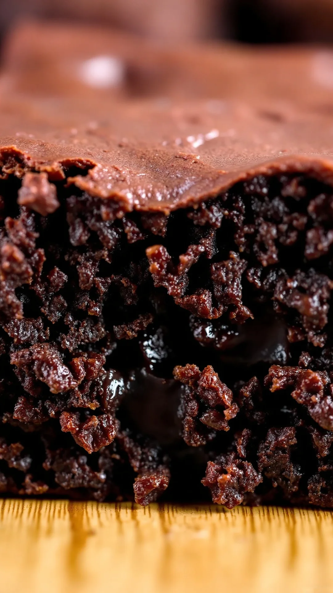 Close-up macro shot of a freshly baked brownie square showing rich fudgy interior and crispy edges, dark chocolate color, mel