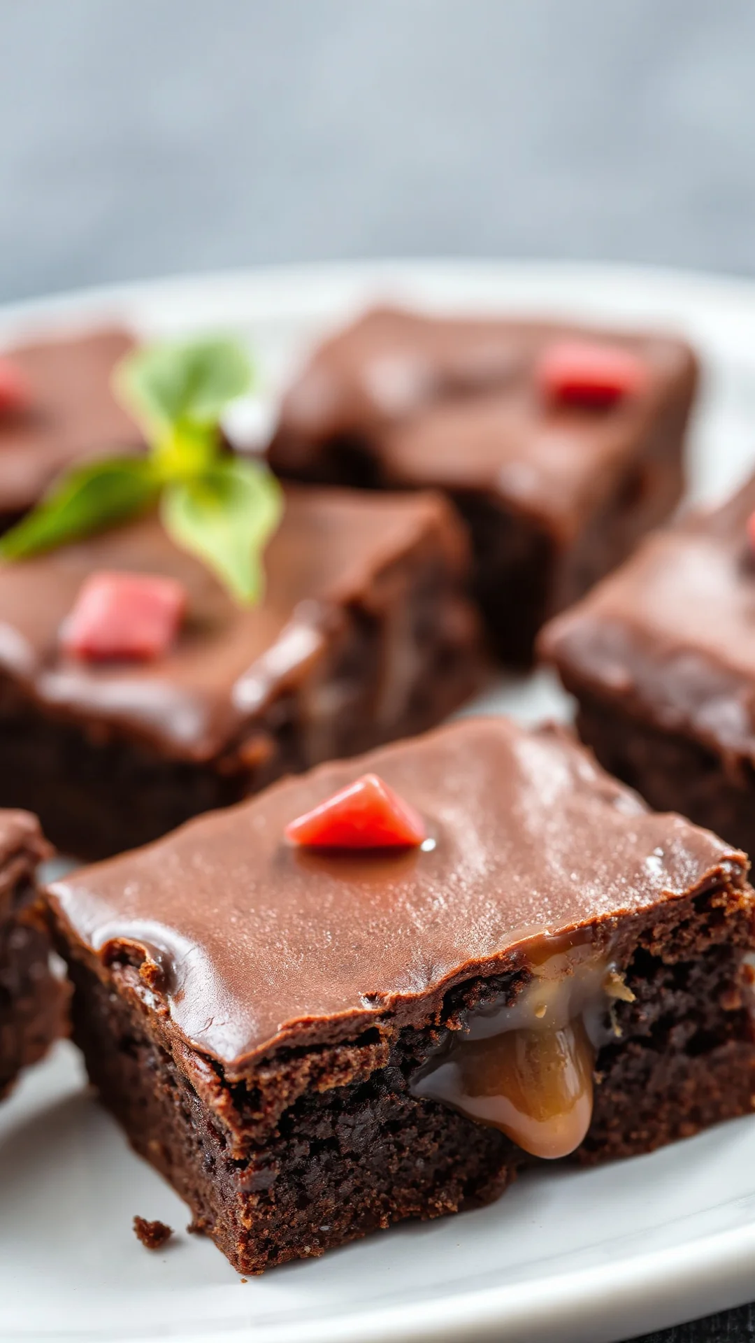 Close-up macro shot of a single brownie square with glossy chocolate surface, melting center, served on white plate with garn