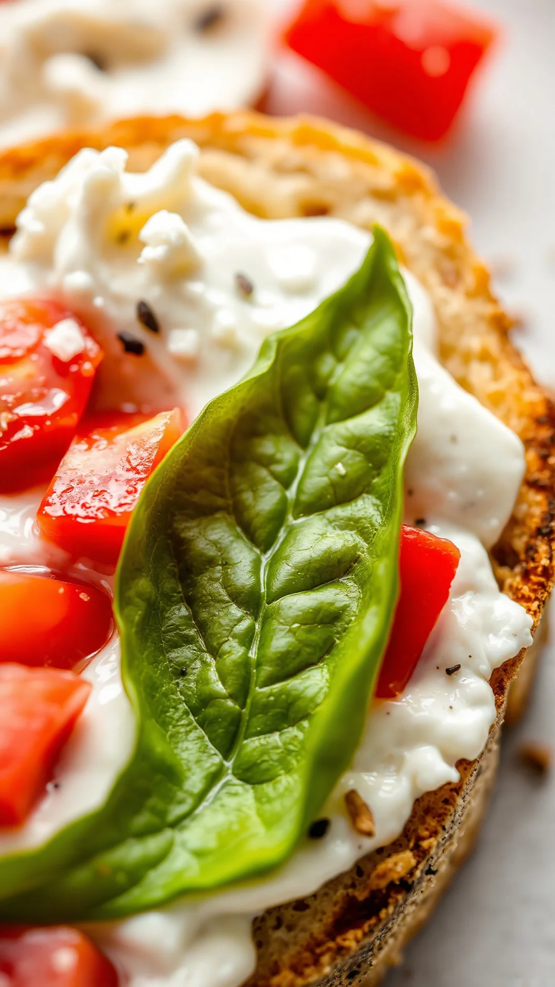 Close-up macro shot of bruschetta slice, creamy fromage blanc with diced tomatoes, fresh basil leaf, crispy bread texture, vi