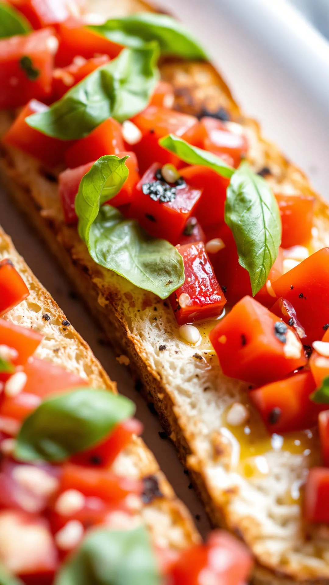 Close-up macro shot of bruschetta with diced fresh tomatoes, basil leaves, garlic, and olive oil on crispy toasted bread, art