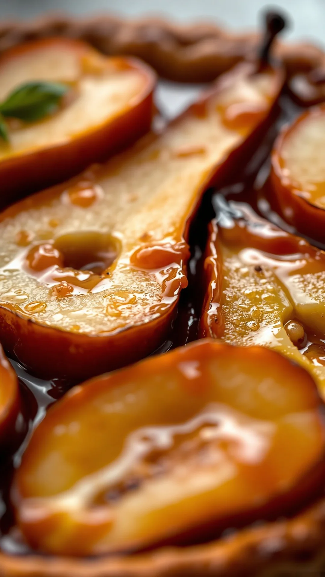 Close-up macro shot of caramelized pear halves arranged in Tatin tart, glossy golden caramel coating, professional food styli