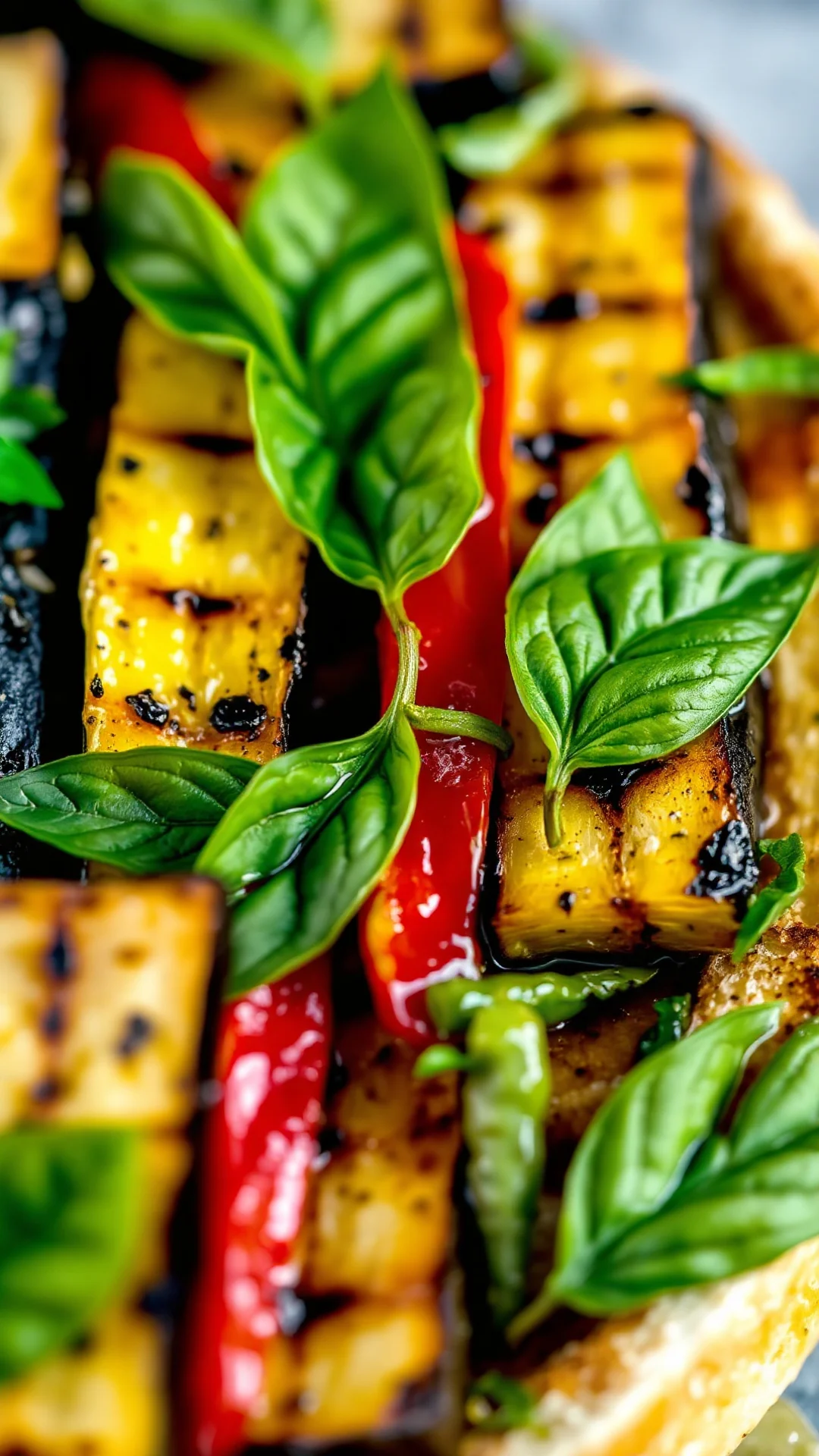 Close-up macro shot of colorful grilled vegetable bruschetta topping with charred zucchini, eggplant, roasted red peppers, fr