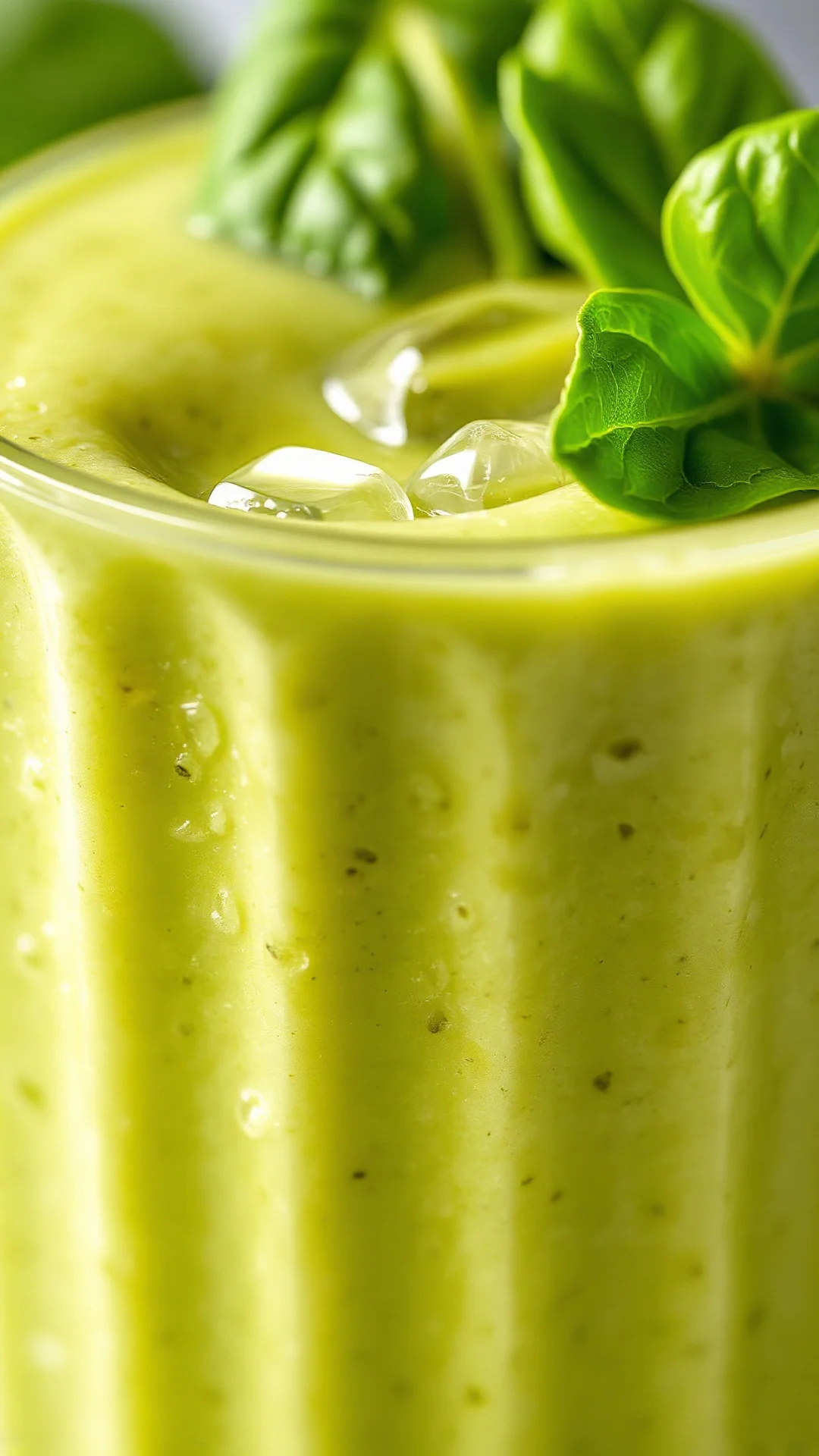 Close-up macro shot of creamy green vegetable smoothie in glass, thick healthy blended texture, fresh spinach garnish on rim,