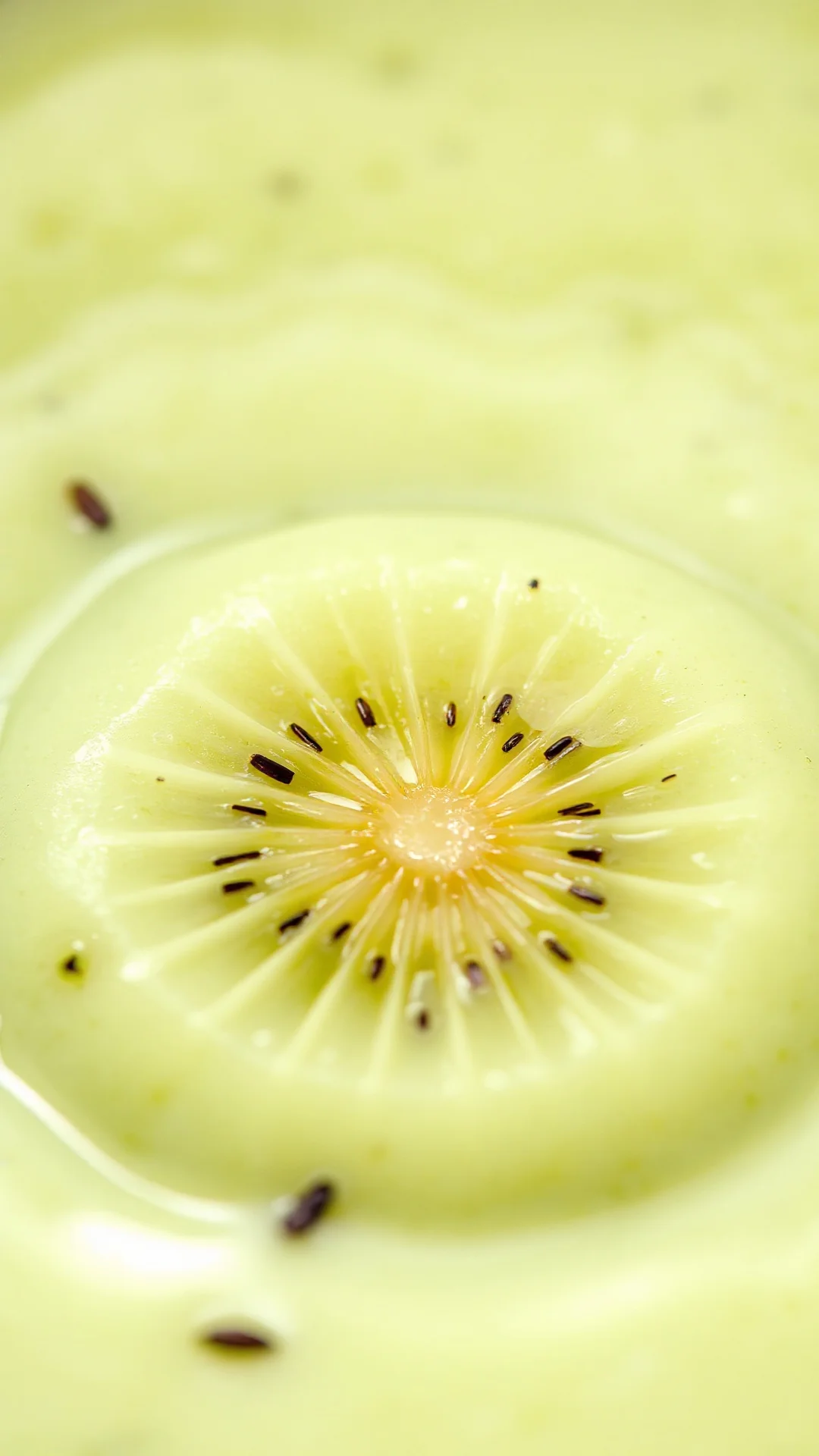 Close-up macro shot of creamy kiwi smoothie texture, thick consistency, vibrant green color with tiny seeds visible, professi