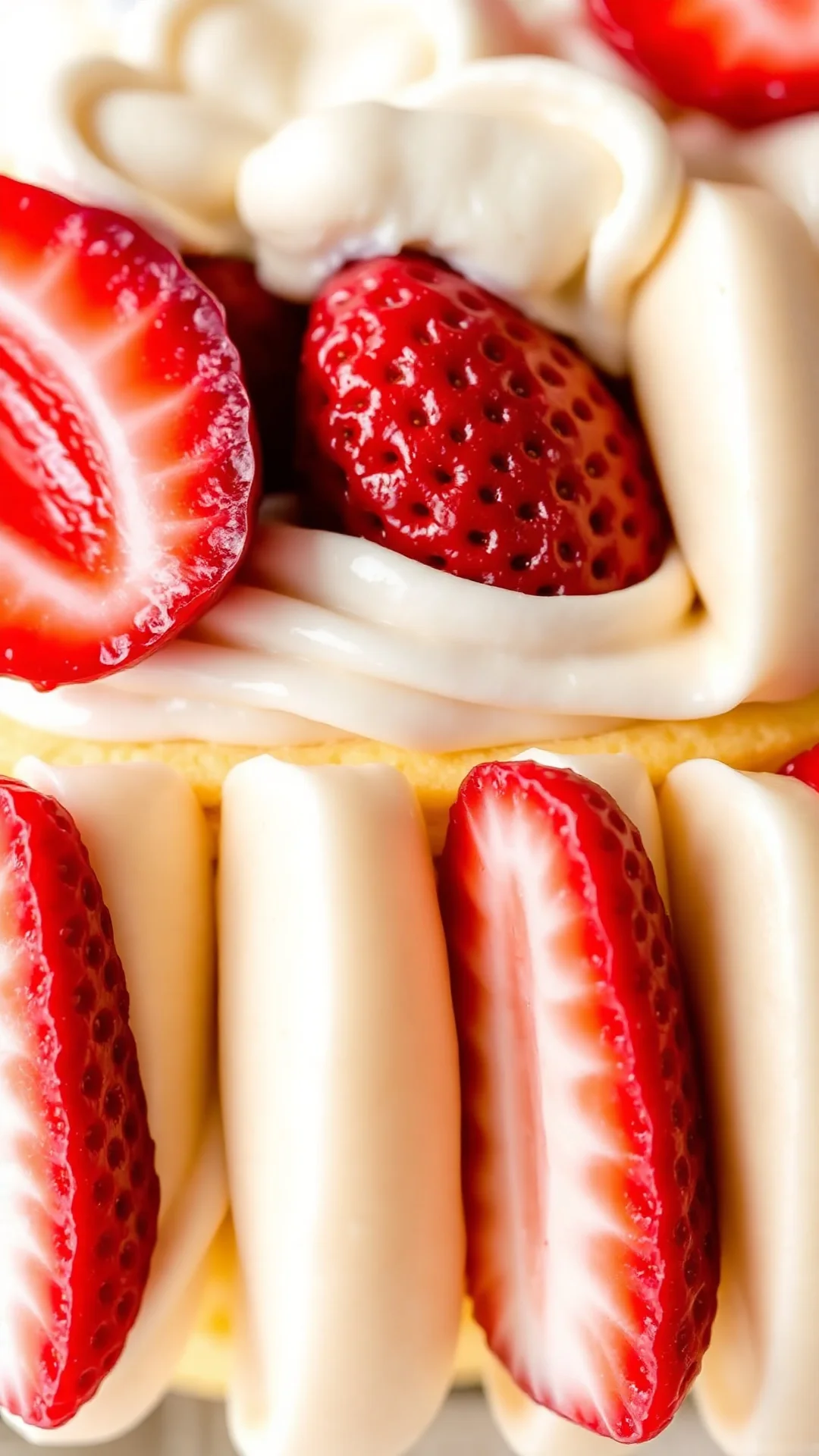 Close-up macro shot of creamy mousseline layers with fresh strawberry halves, delicate pastry texture, vibrant red fruit, pro