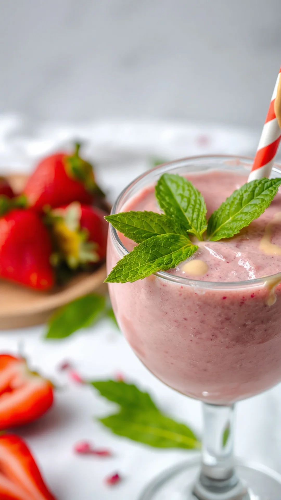 Close-up macro shot of creamy pink strawberry smoothie in tall glass, smooth texture visible, fresh mint leaf garnish, conden