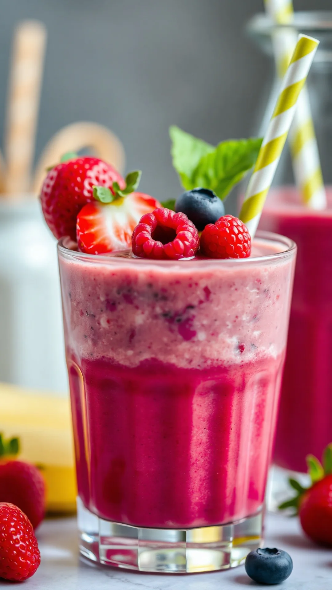 Close-up macro shot of creamy red berry smoothie with strawberry and banana in tall glass, topped with fresh raspberries blue