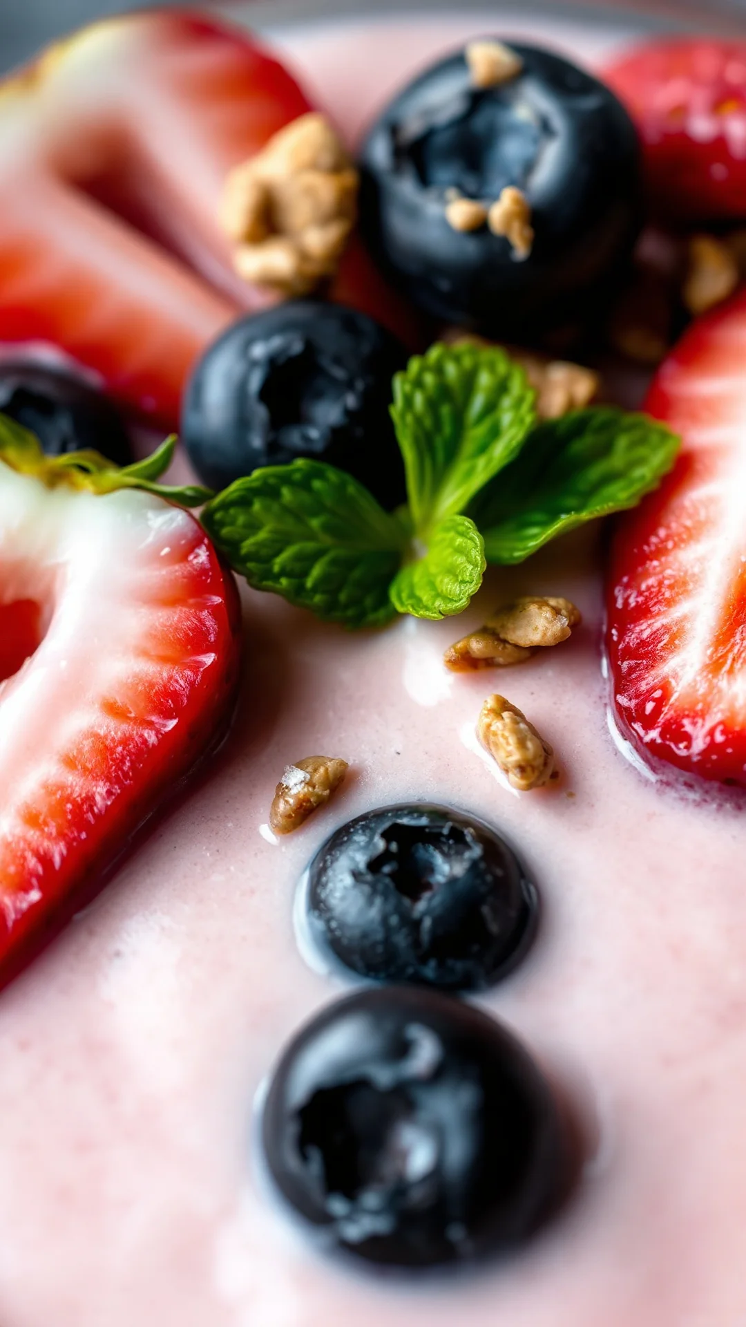Close-up macro shot of creamy smoothie with fresh strawberries, blueberries, and granola on top, ultra detailed texture, natu