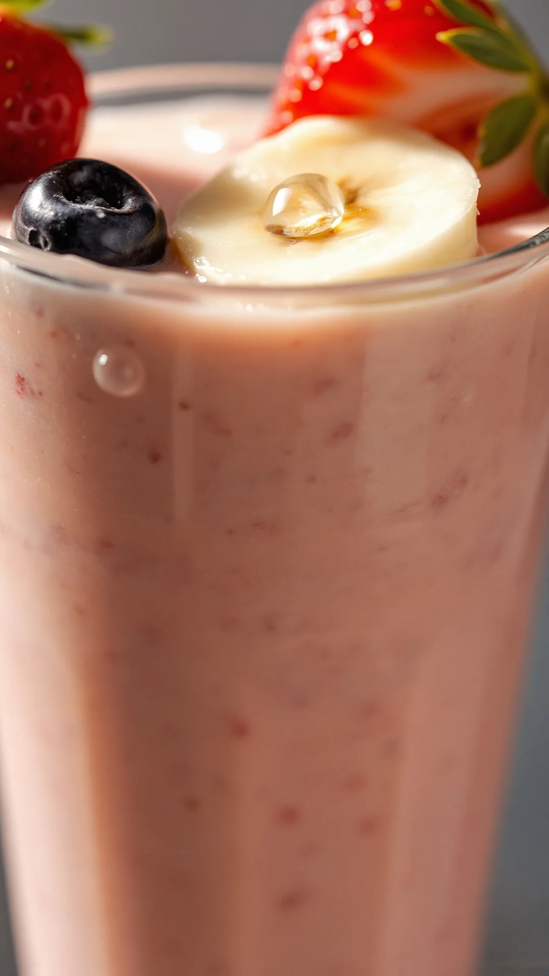 Close-up macro shot of creamy strawberry banana smoothie with condensation droplets on glass, fresh berries on top, morning l