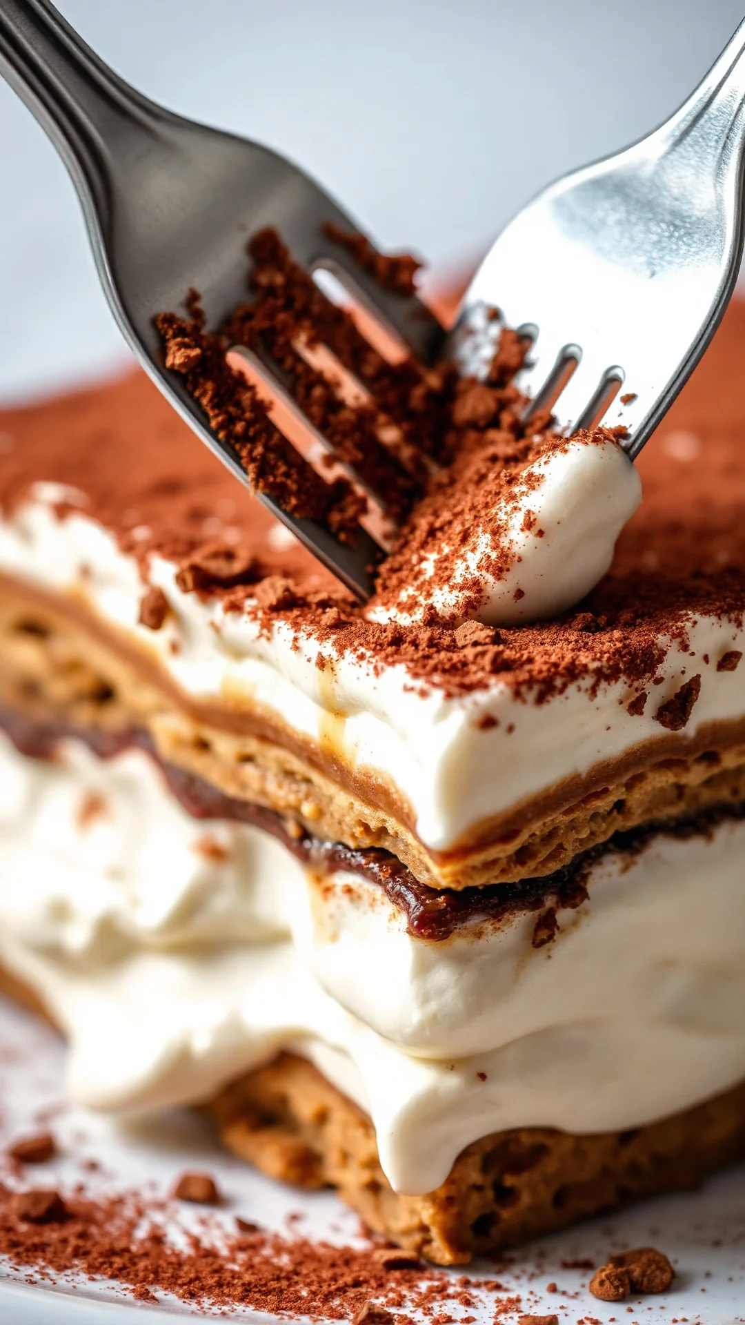 Close-up macro shot of creamy tiramisu layer with cocoa powder, fork lifting silky mascarpone cream, Italian dessert texture