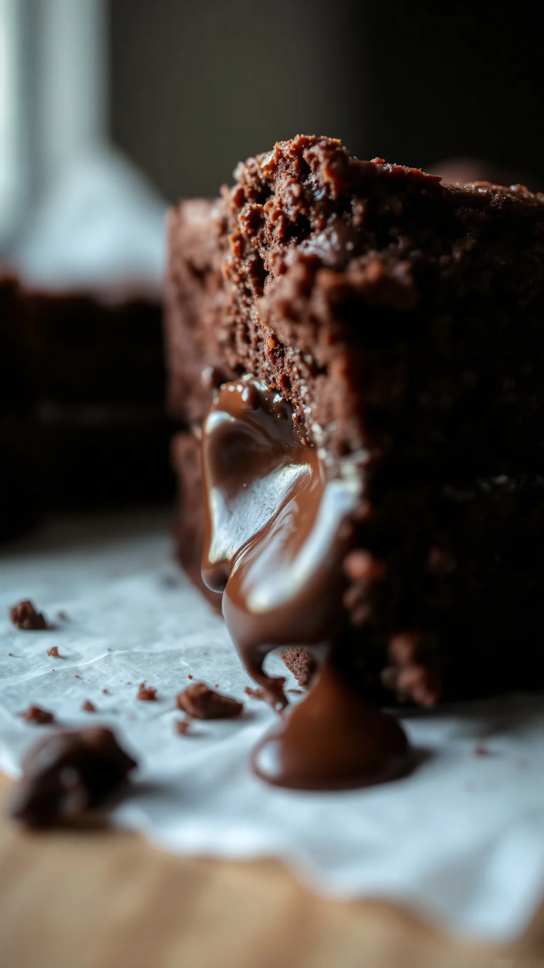 Close-up macro shot of decadent brownie with melting chocolate core, gooey fudgy center, dramatic lighting, food photography