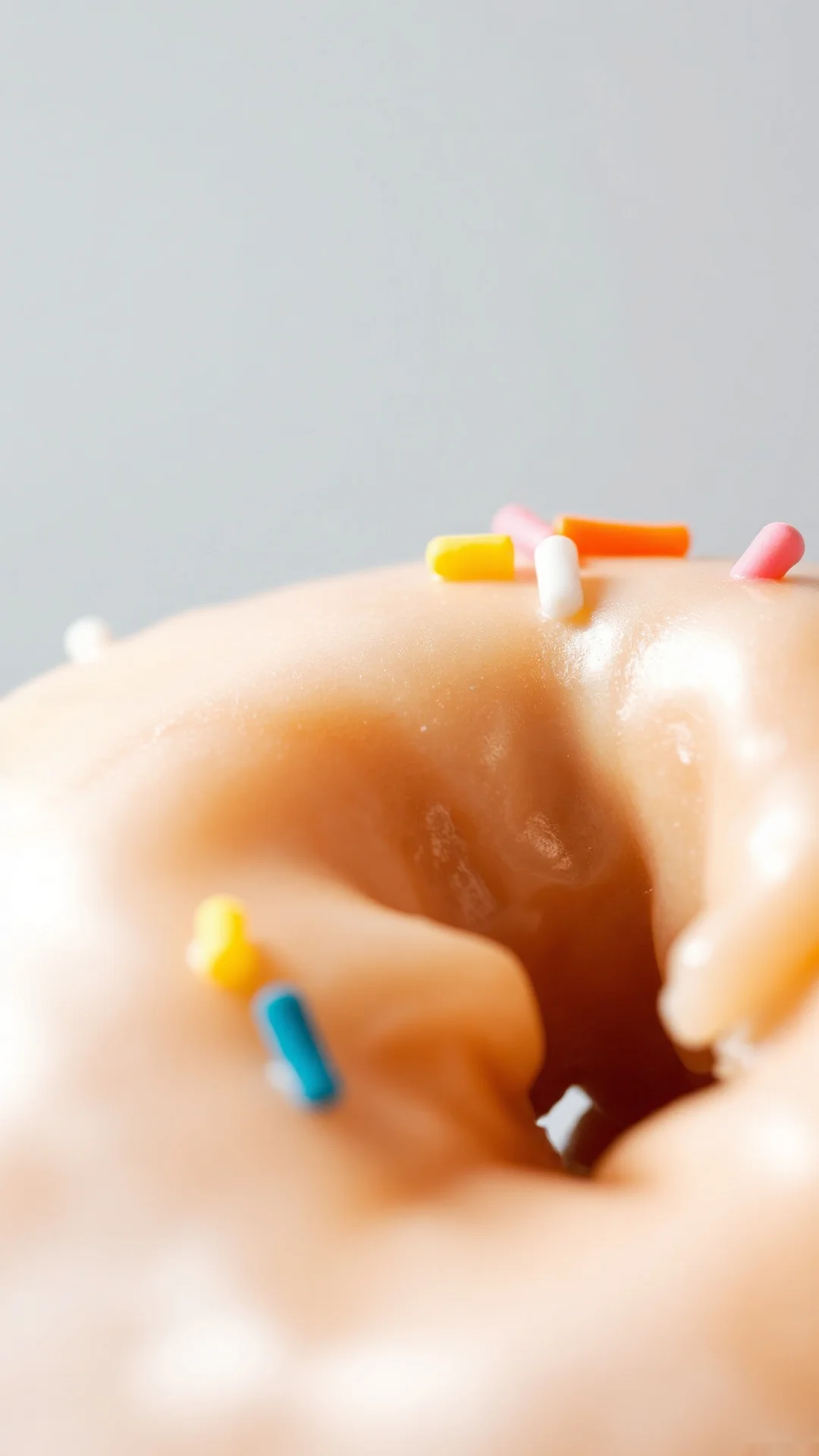 Close-up macro shot of fluffy donut with smooth glaze, colorful sprinkles, creamy texture visible, studio lighting, food styl
