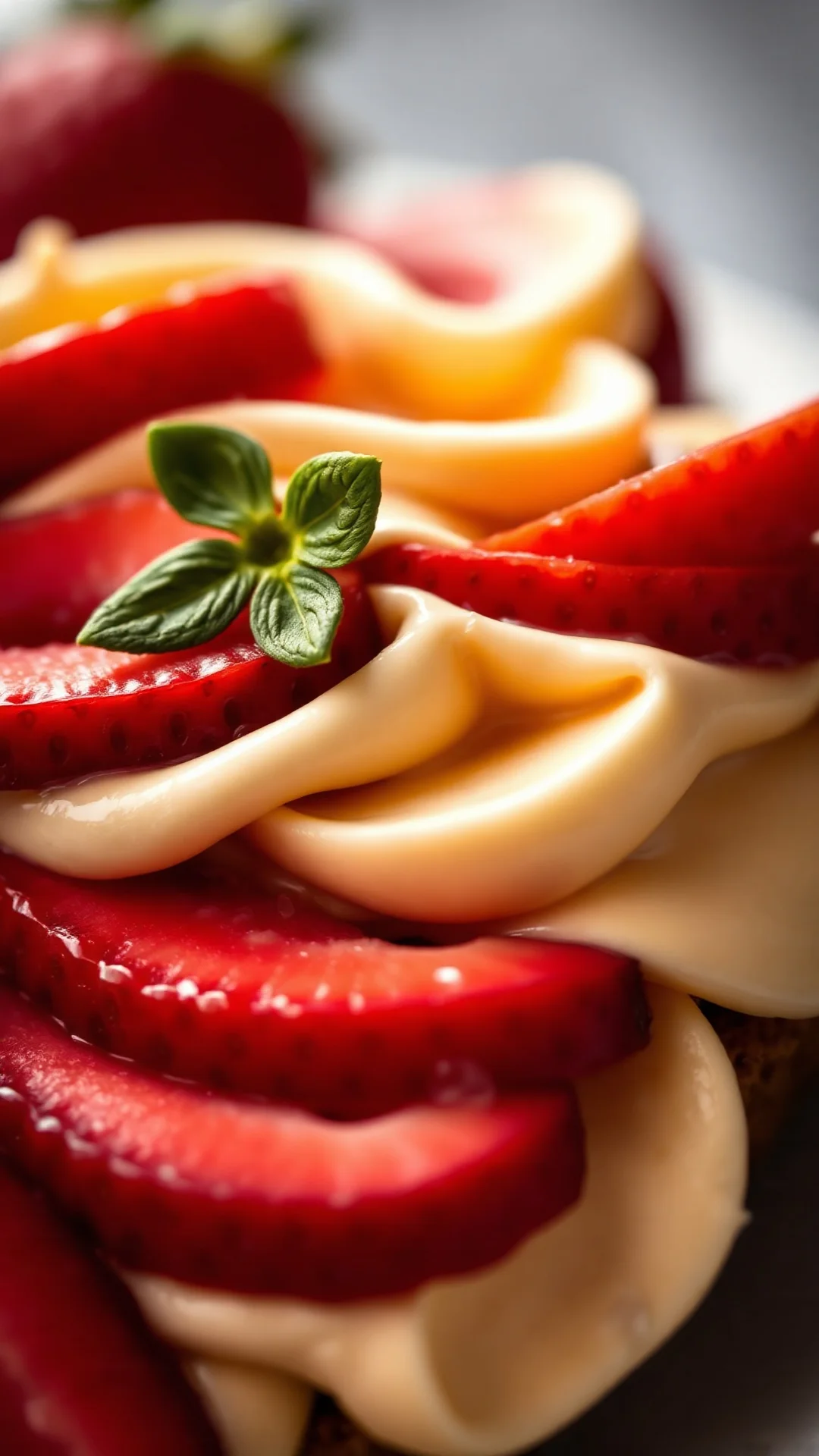 Close-up macro shot of fresh red strawberry slices layered with creamy vanilla mousseline, detail food photography, soft stud