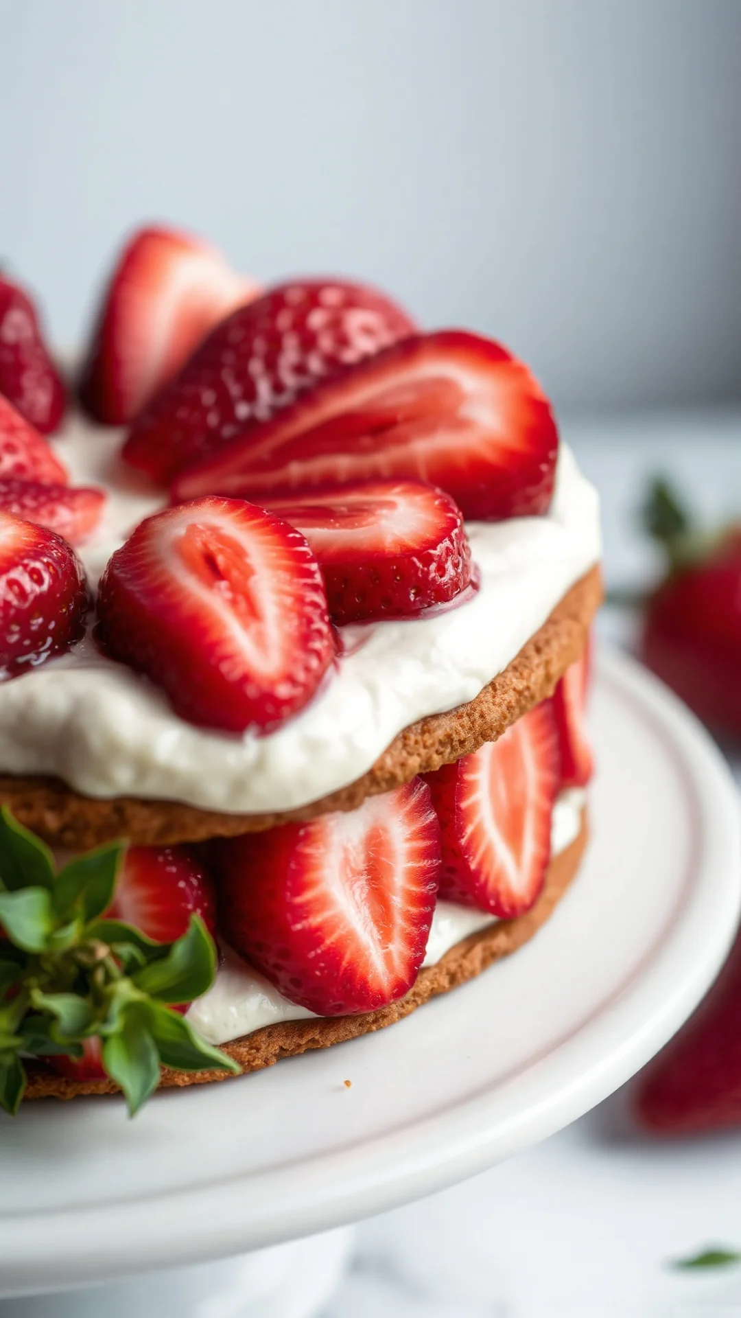 Close-up macro shot of fresh strawberries sliced on light cream, vanilla sponge cake layer, gourmet pastry detail, soft natur