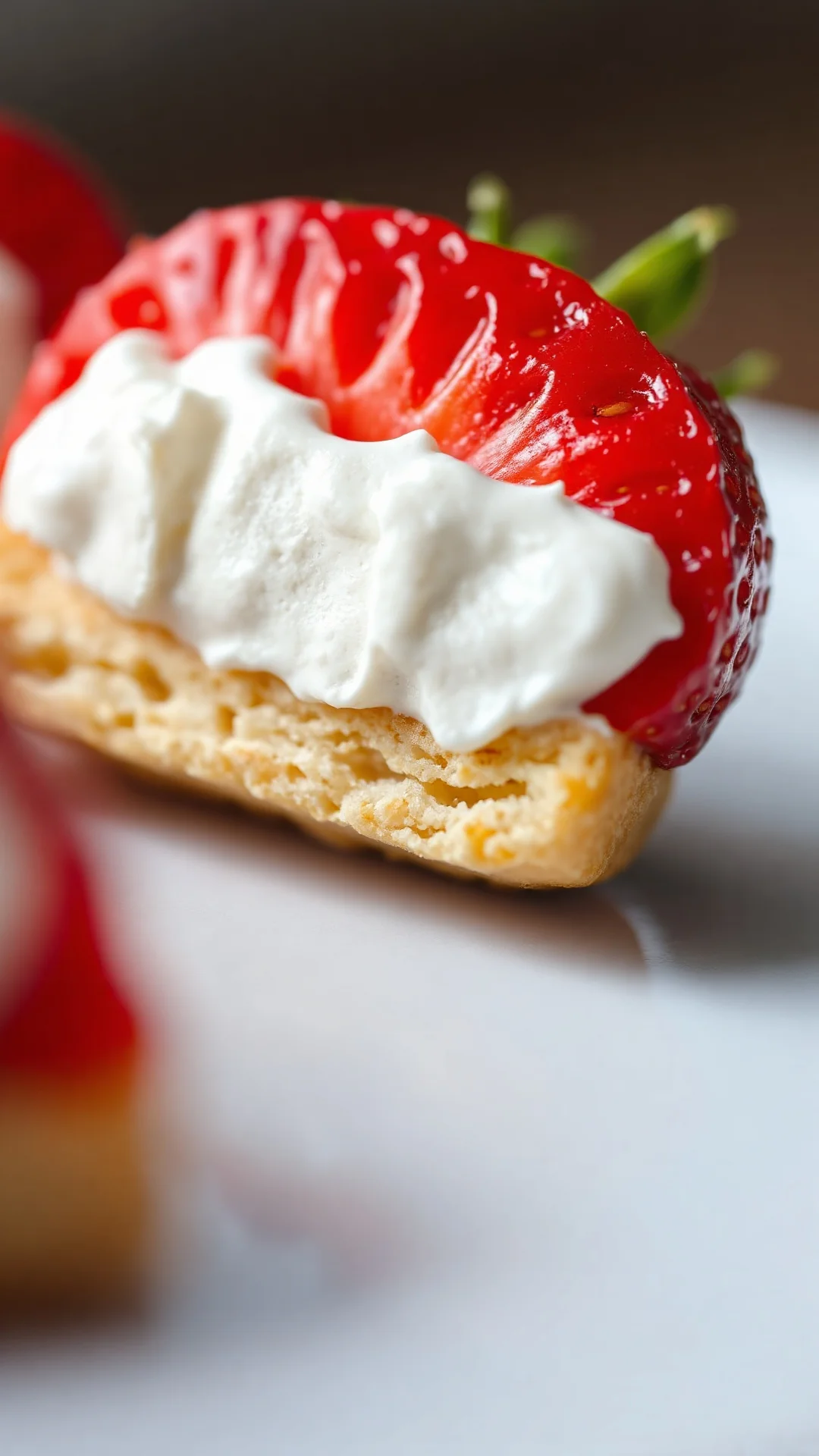 Close-up macro shot of fresh strawberry half with pastry cream and biscuit layer, soft afternoon light, professional food pho