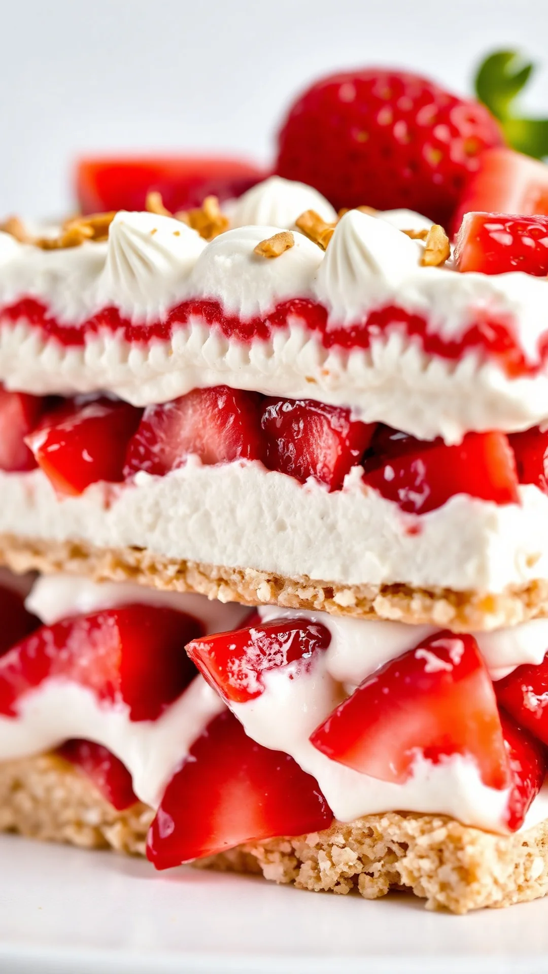 Close-up macro shot of fresh strawberry tiramisu cross-section showing creamy layers, diced strawberries, ladyfingers, vibran