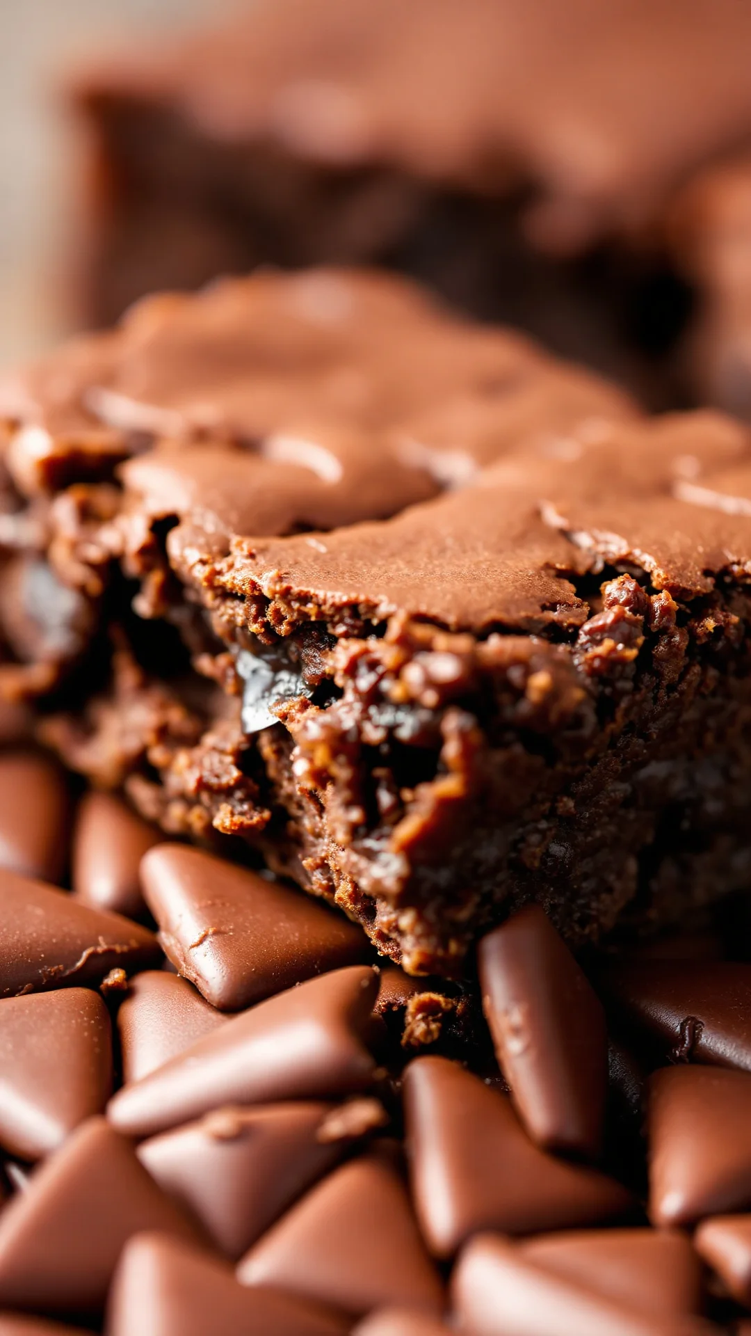 Close-up macro shot of freshly baked chocolate brownie square, melted chocolate texture visible, crumbly edges, warm golden-b