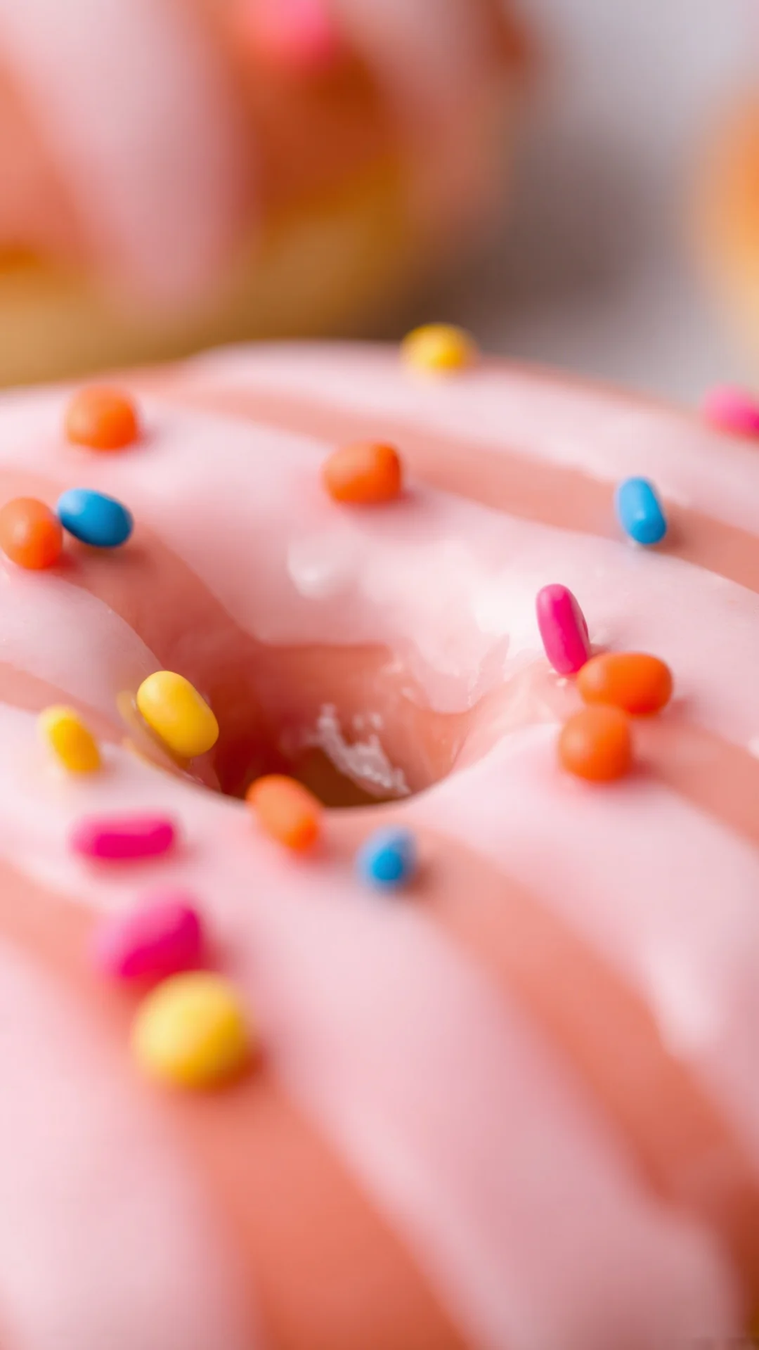 Close-up macro shot of freshly glazed donut with vibrant sprinkles, soft focus background, delicious American pastry detail p