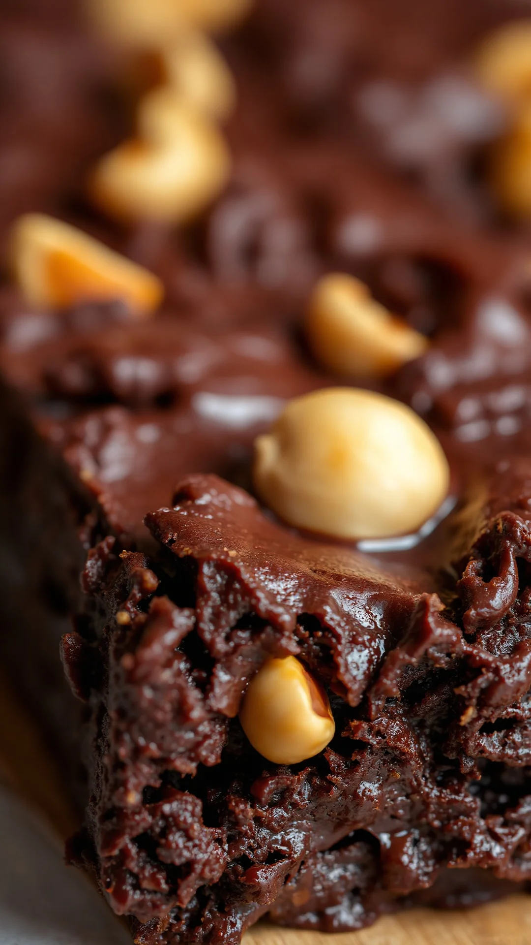 Close-up macro shot of fudgy brownie with hazelnut pieces, melted chocolate texture, crumbly crust, professional food styling