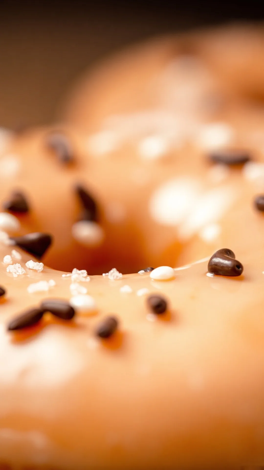 Close-up macro shot of glazed donut with chocolate sprinkles and pearl sugar, fluffy texture visible, soft caramel golden col