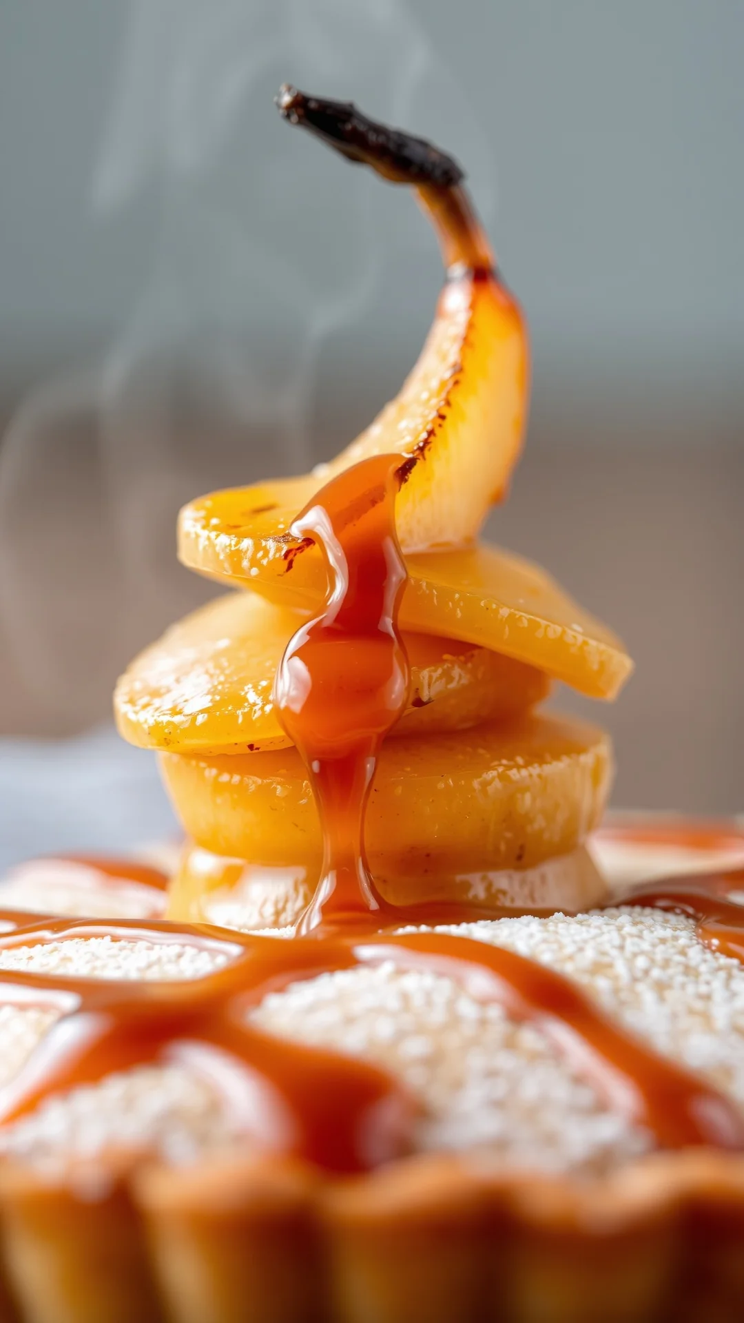 Close-up macro shot of golden crispy pear tart slice, caramelized pears stacked, flaky pastry crust, glossy caramel drip, ste
