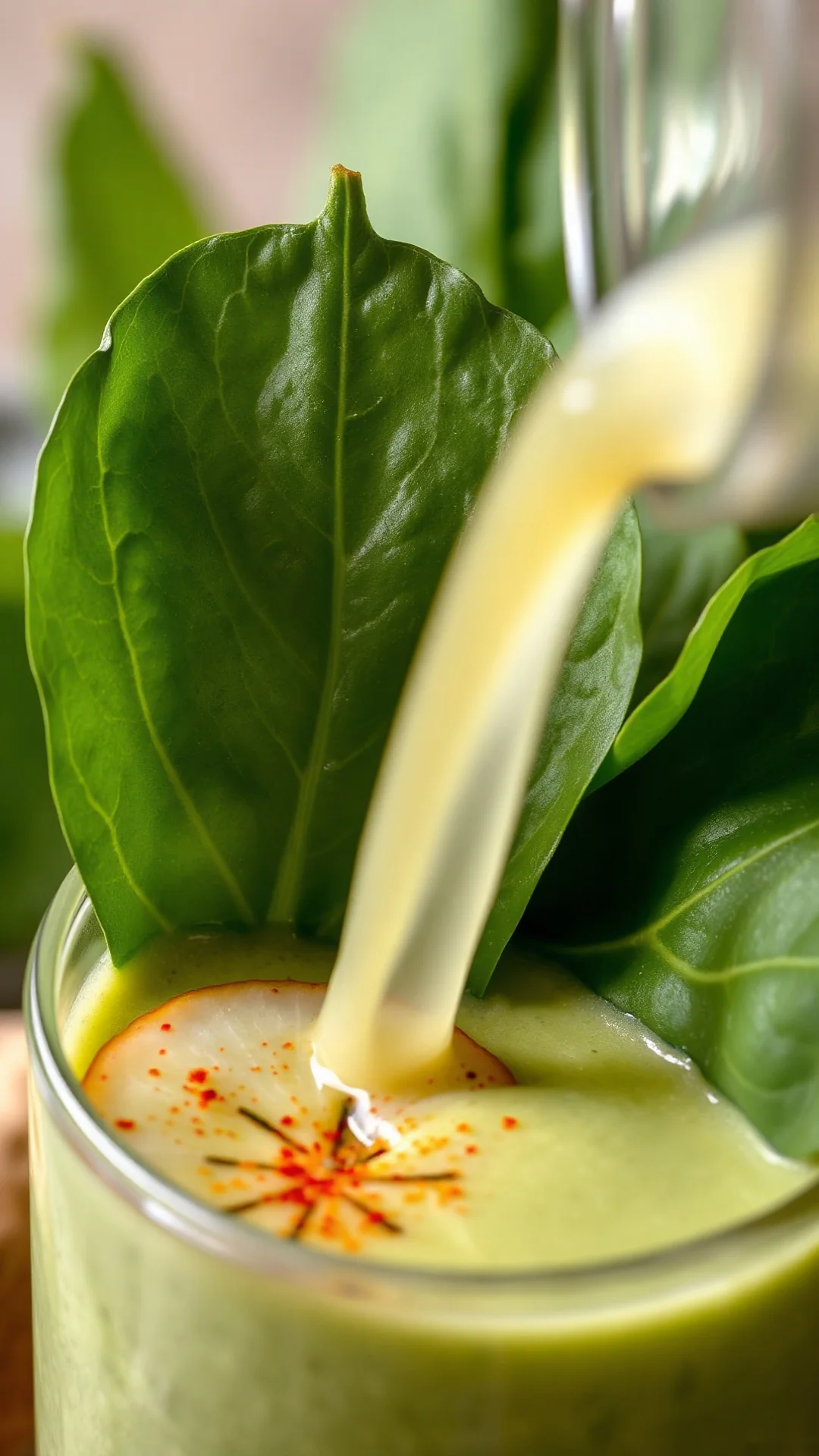 Close-up macro shot of green smoothie with fresh spinach leaf, ginger slice, pouring liquid, cayenne pepper dust, professiona