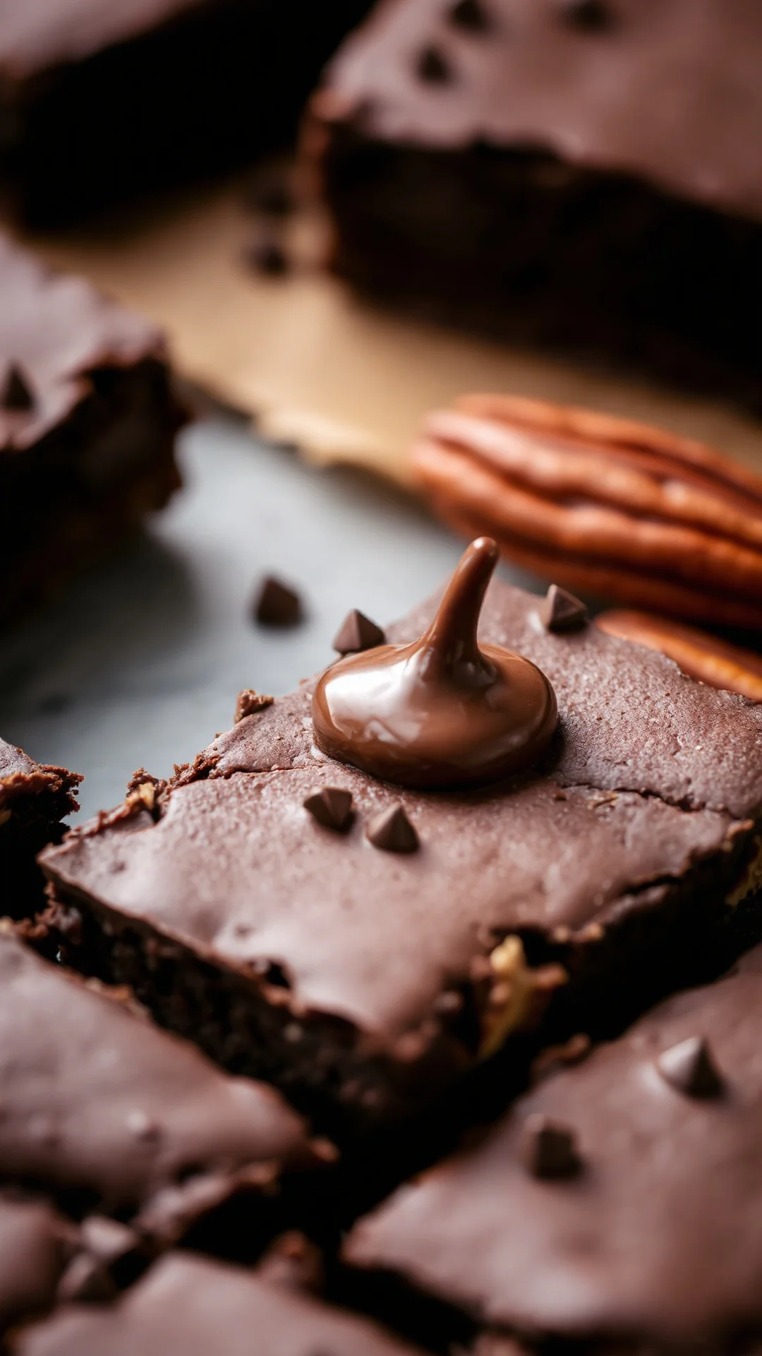 Close-up macro shot of homemade chocolate brownie slice with pecan nuts, gooey melted chocolate interior, vertical compositio