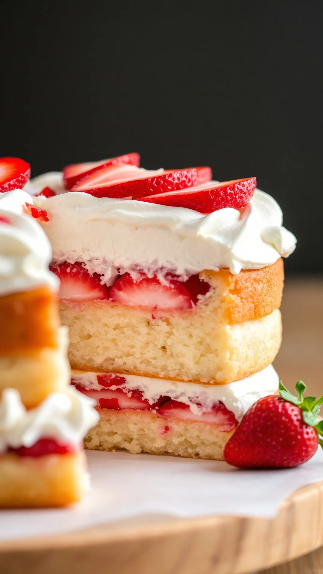 Close-up macro shot of layered strawberry cake with delicate whipped cream and fresh strawberry slices, professional pastry d
