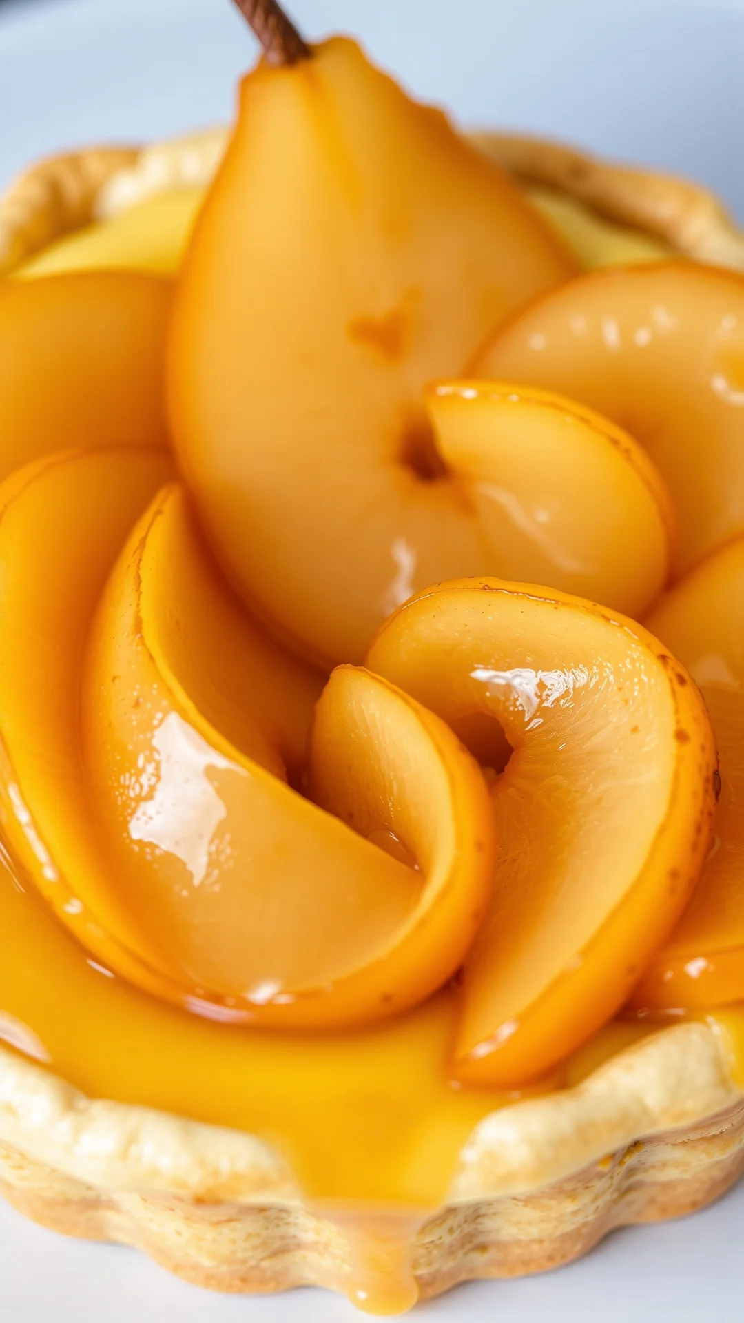 Close-up macro shot of poached pear halves arranged in rosette on creamy pastry cream, shiny apricot glaze, golden crust edge